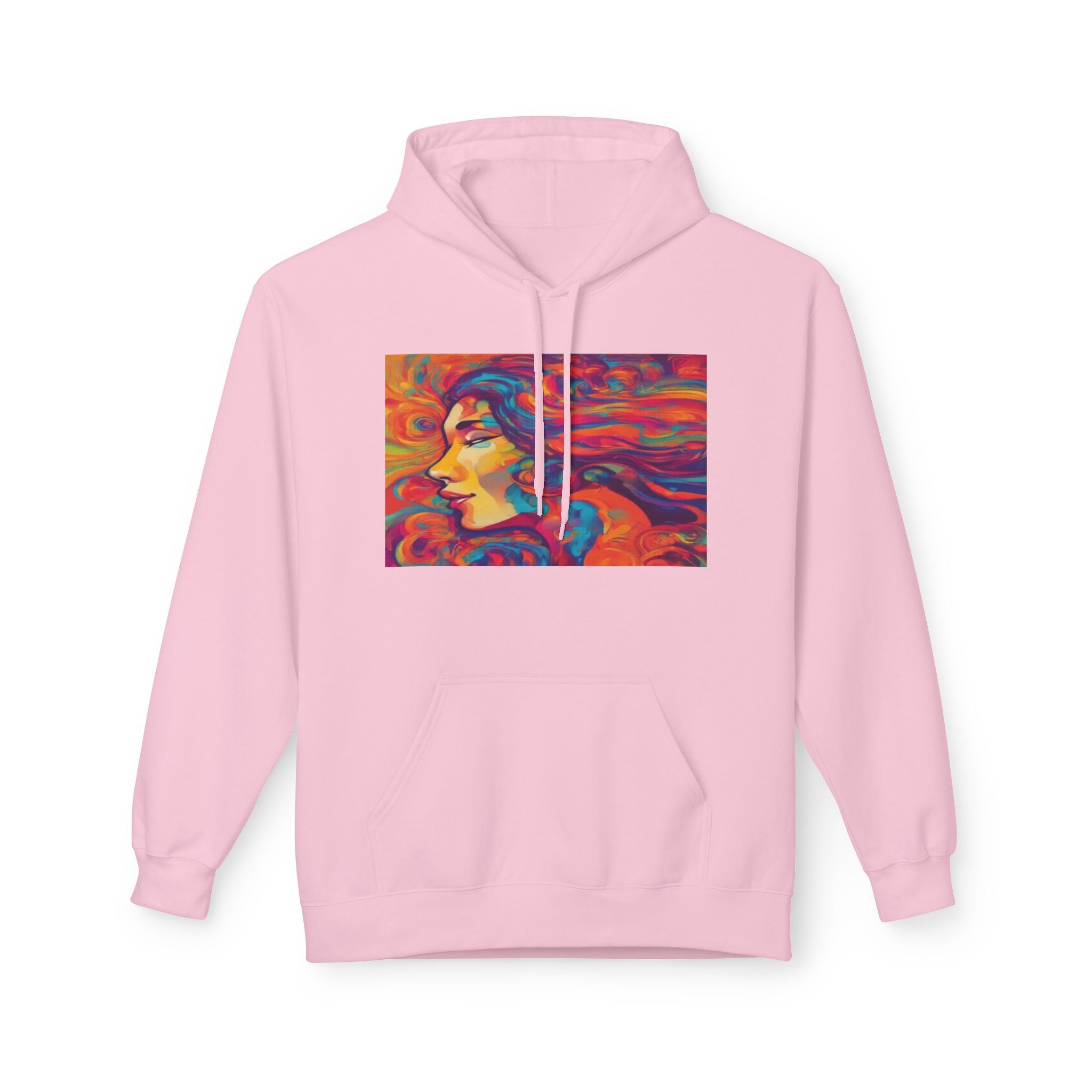 Colorful 1970s Psychedelic Woman Portrait Hoodie — Vibrant Retro Art Pullover