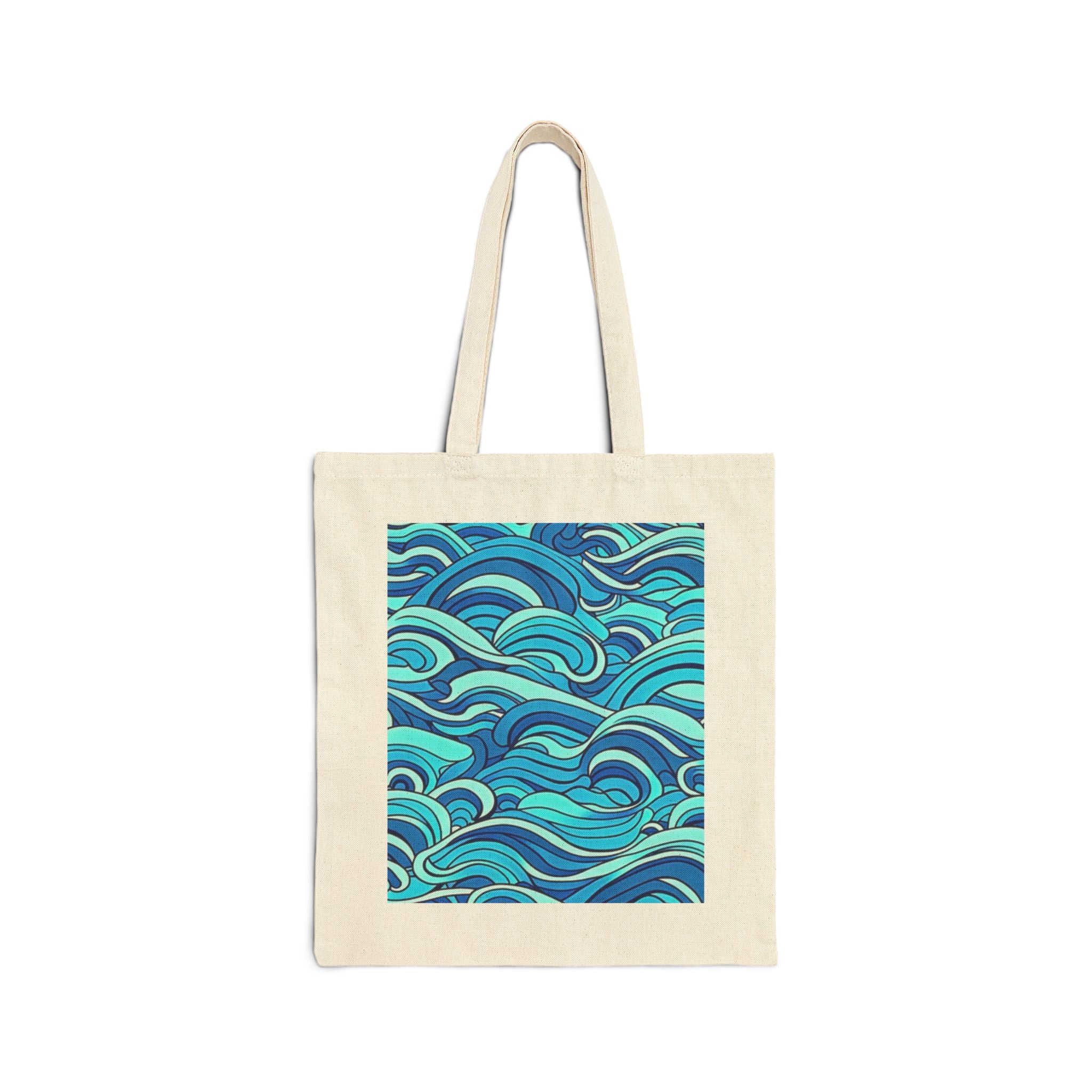 Ocean Wave Canvas Tote Bag — Blue Waves Pattern Cotton Shopper