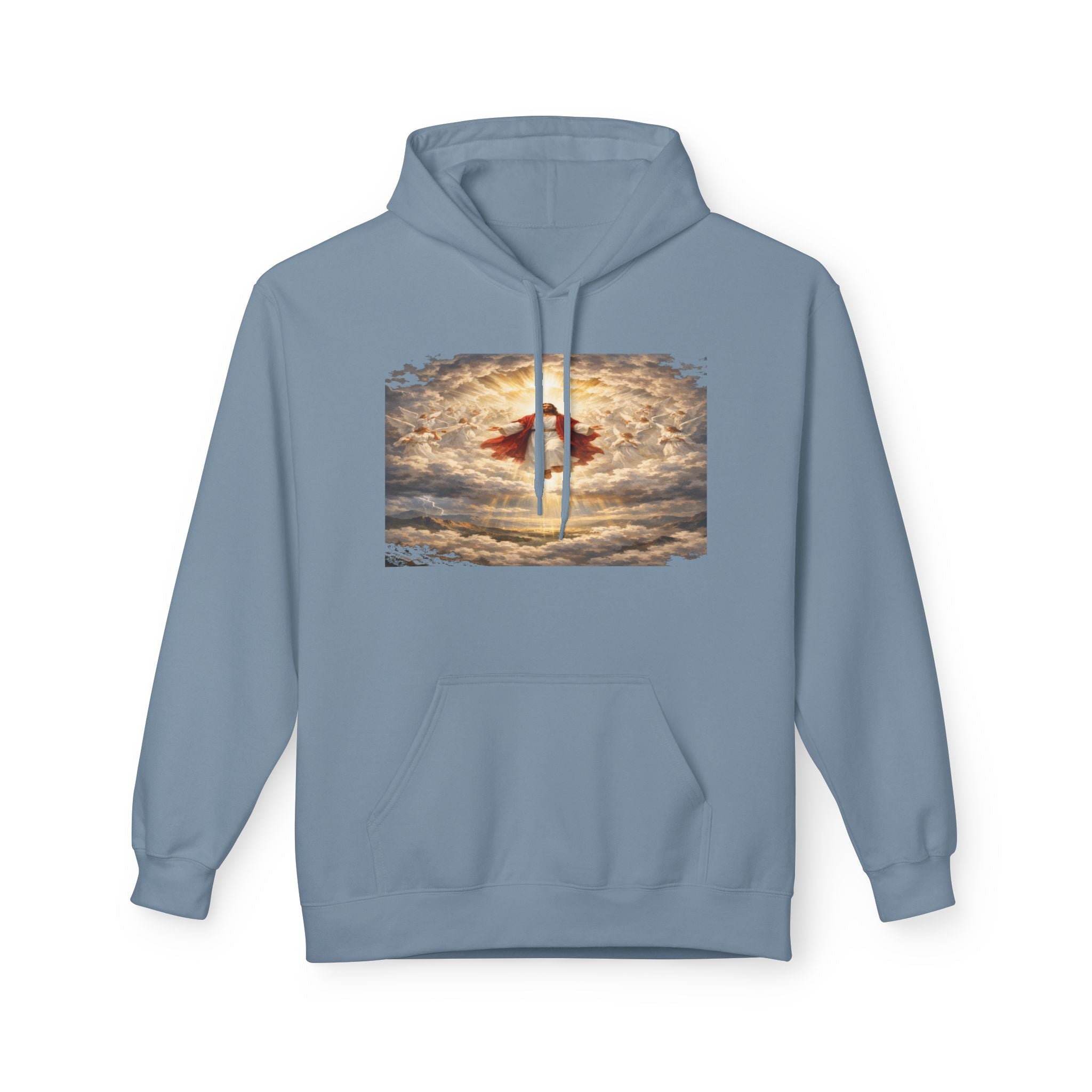 Jesus Christ Second Coming-Angel in the Clouds Hoodie — Spiritual Sunrise Graphic Hoodie