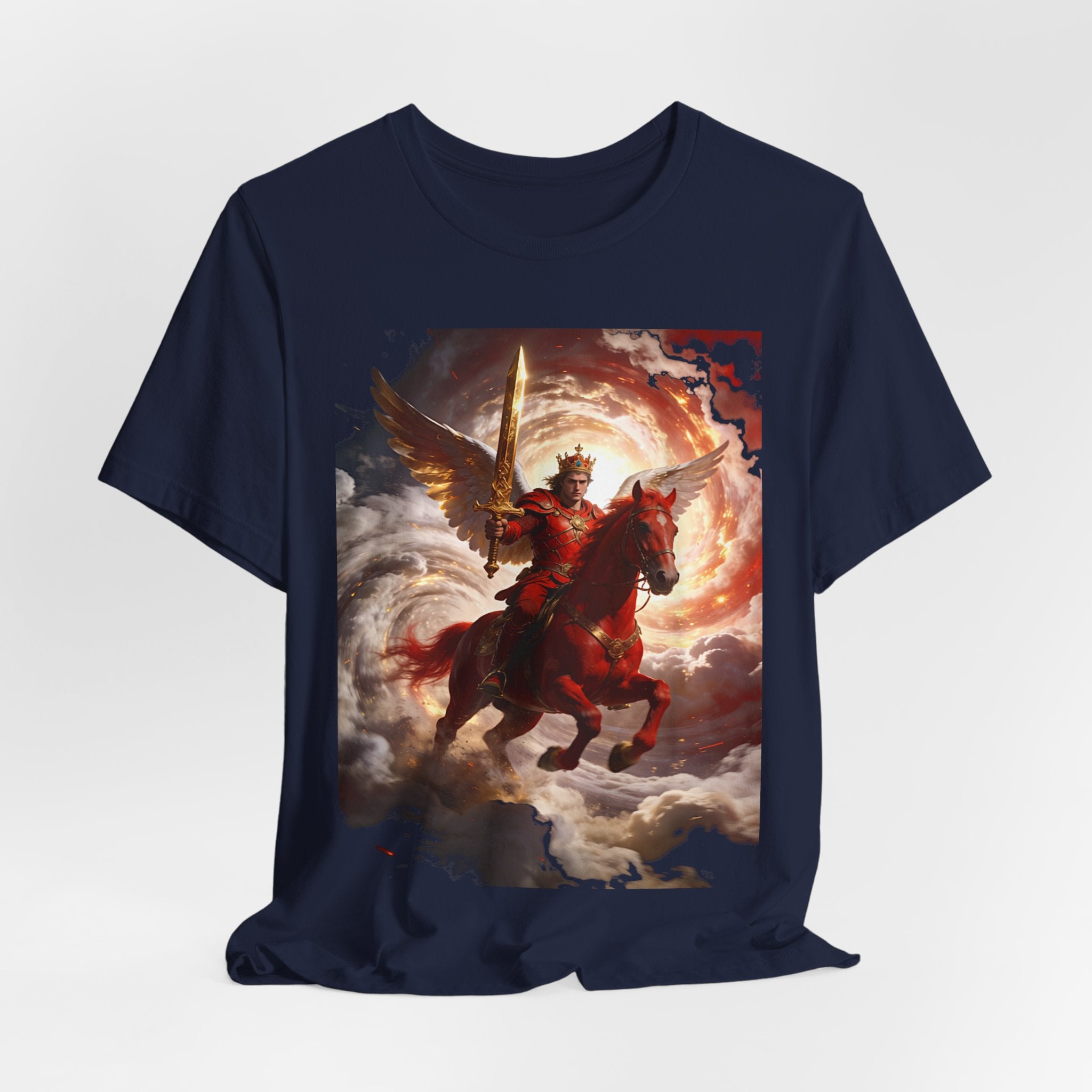 The red horse from Revelation 6:3-4-Winged Knight Riding Red Horse Graphic Tee — Warrior T-Shirt