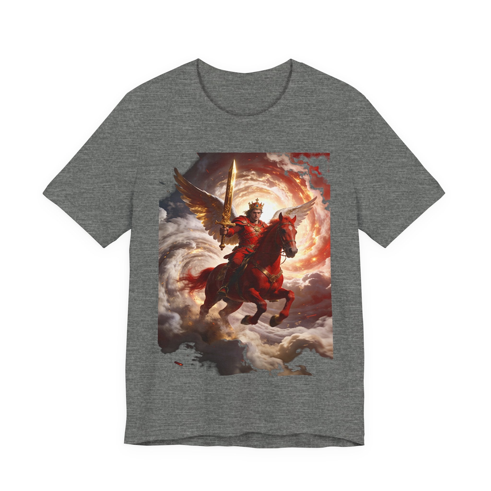 The red horse from Revelation 6:3-4-Winged Knight Riding Red Horse Graphic Tee — Warrior T-Shirt