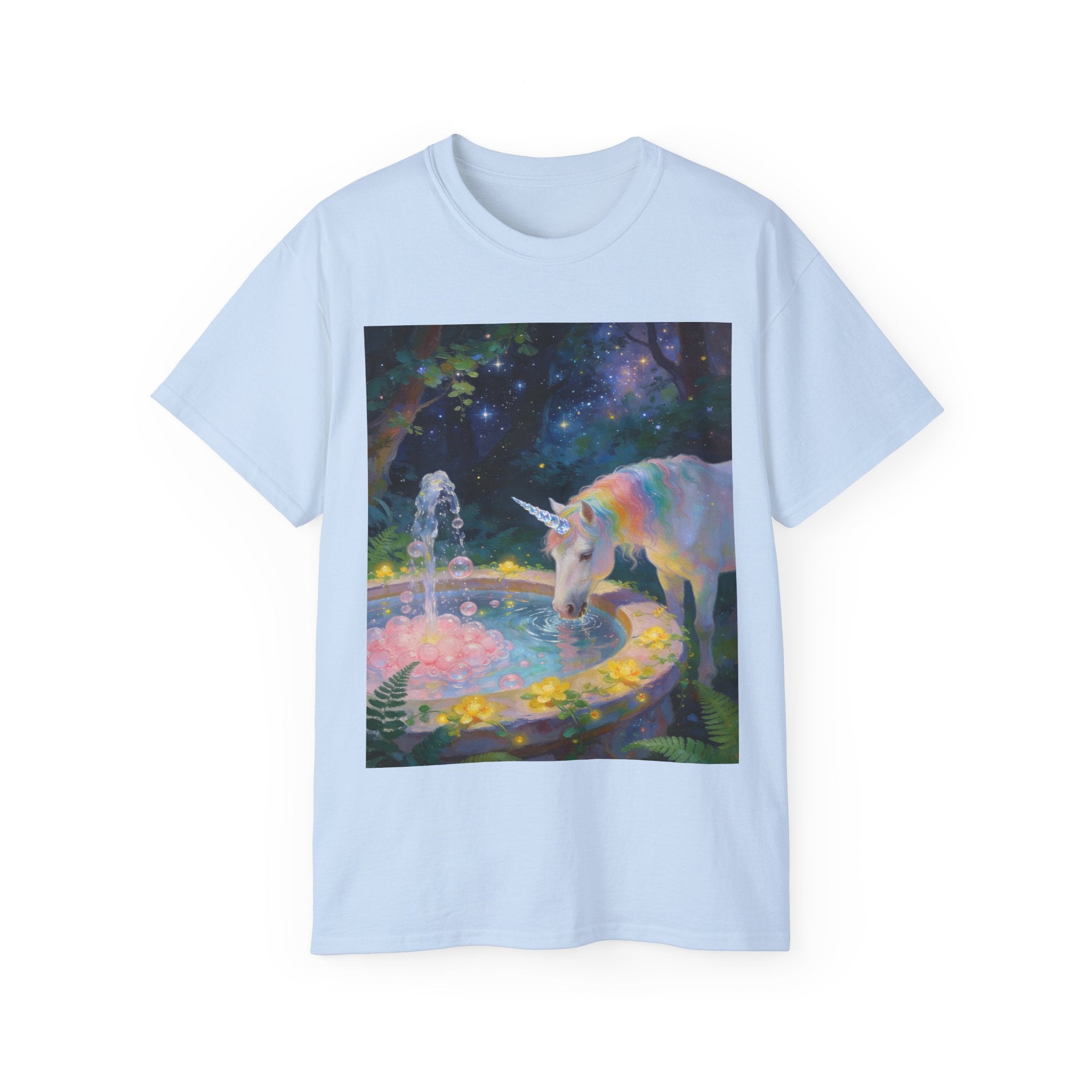 Unicorn Night Garden Tee — Rainbow Unicorn at Moonlit Fountain T-Shirt