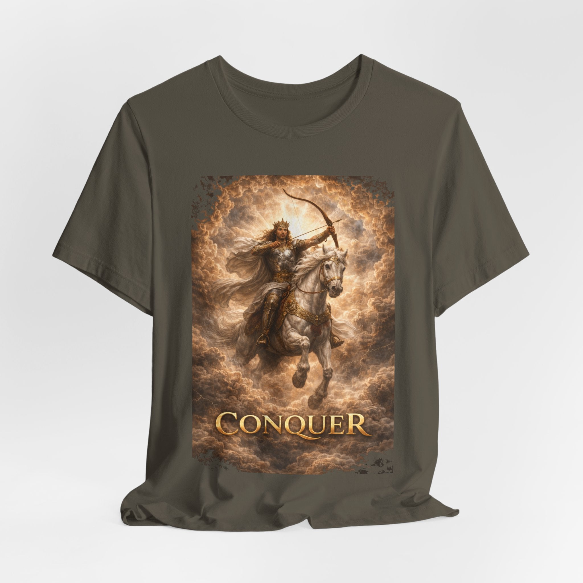 The white horse from Revelation 6:1-2! T‑Shirt — "Conquer" Warrior Archer Graphic Tee