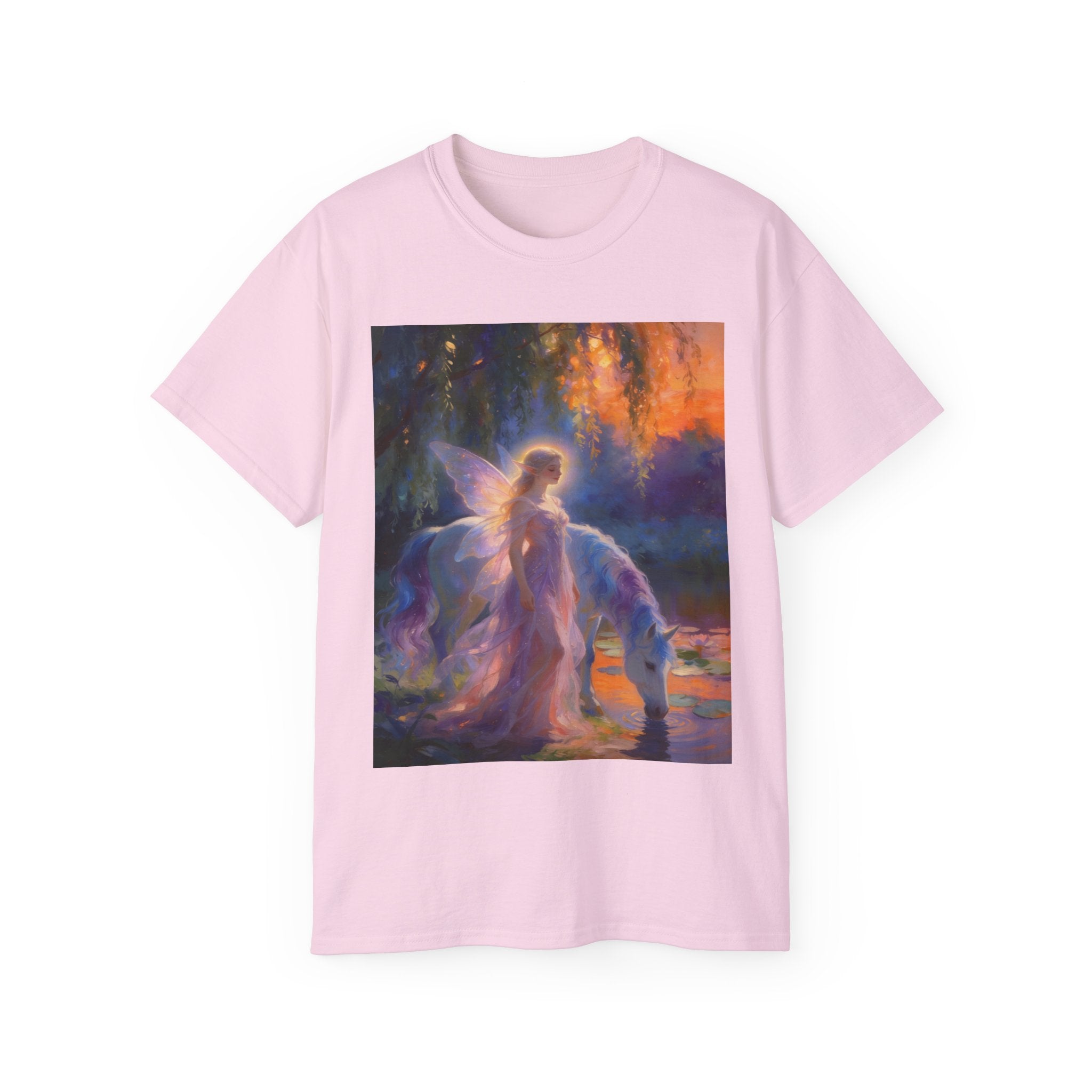 Fairy and Unicorn Fantasy Cotton T-Shirt — Ethereal Sunset Magic Tee