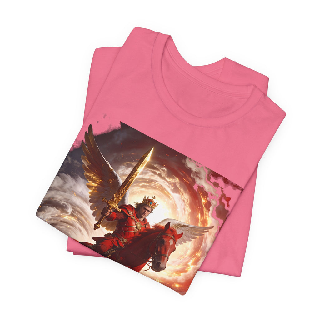 The red horse from Revelation 6:3-4-Winged Knight Riding Red Horse Graphic Tee — Warrior T-Shirt