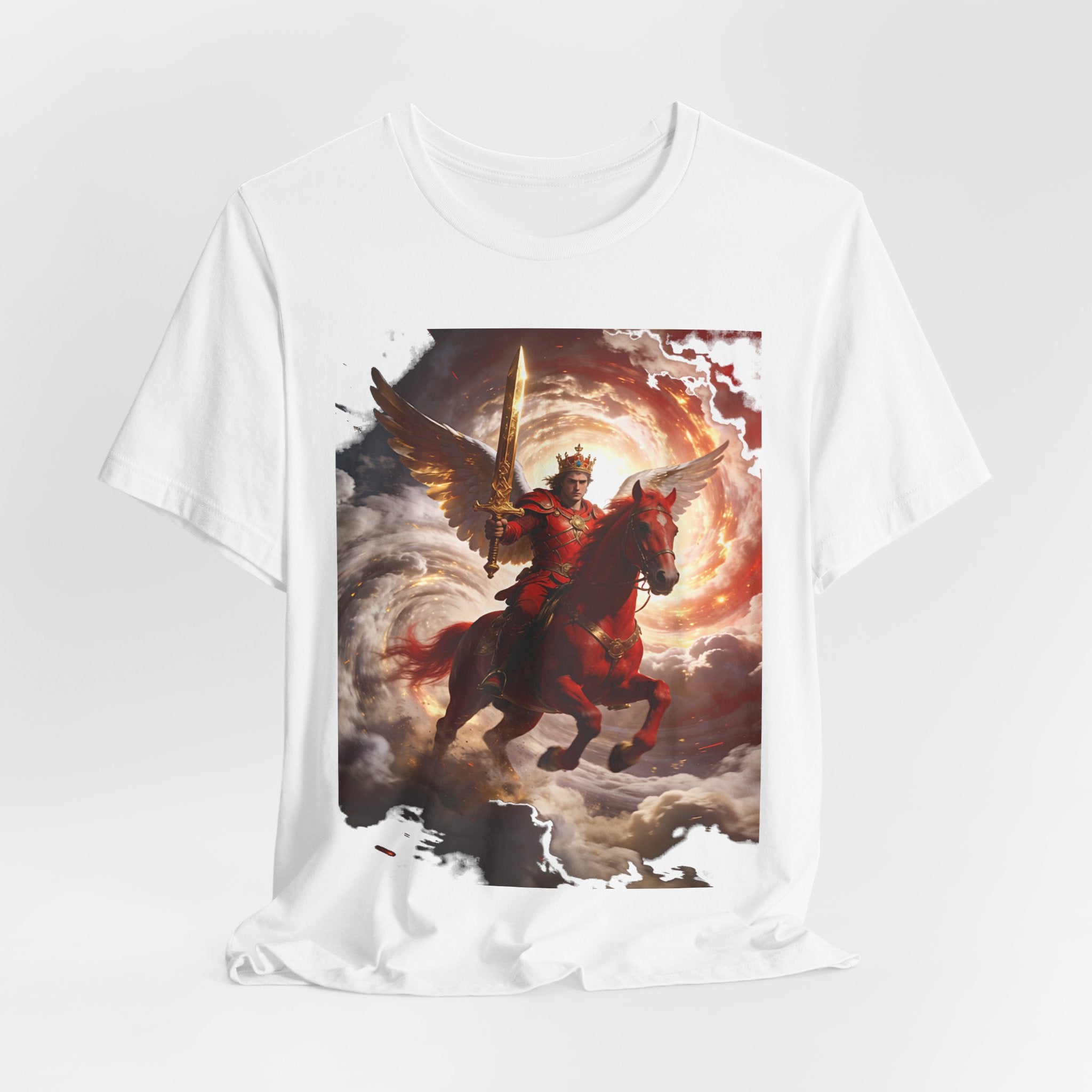 The red horse from Revelation 6:3-4-Winged Knight Riding Red Horse Graphic Tee — Warrior T-Shirt