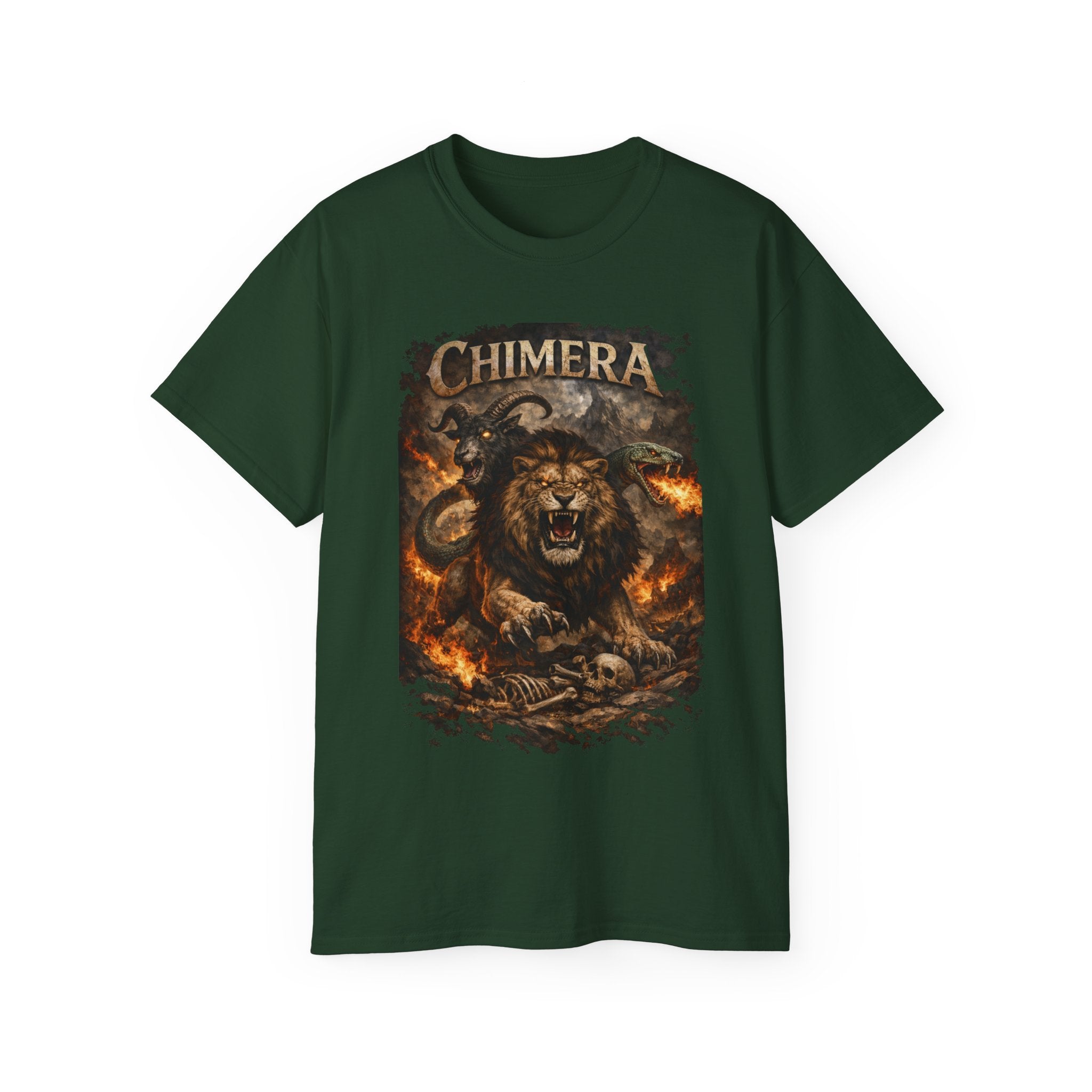 Chimera Mythical Beast - A Creature Born of Conflict Cotton Tee — Fierce Lion-Dragon Wolf Design