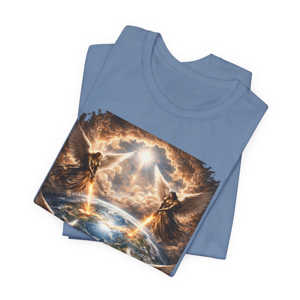 Revelation 7:1 Four angels standing on the four corners of the earth as seen from heaven-when the secound comingis near T‑Shirt — Heavenly Earth & Angels Graphic Tee