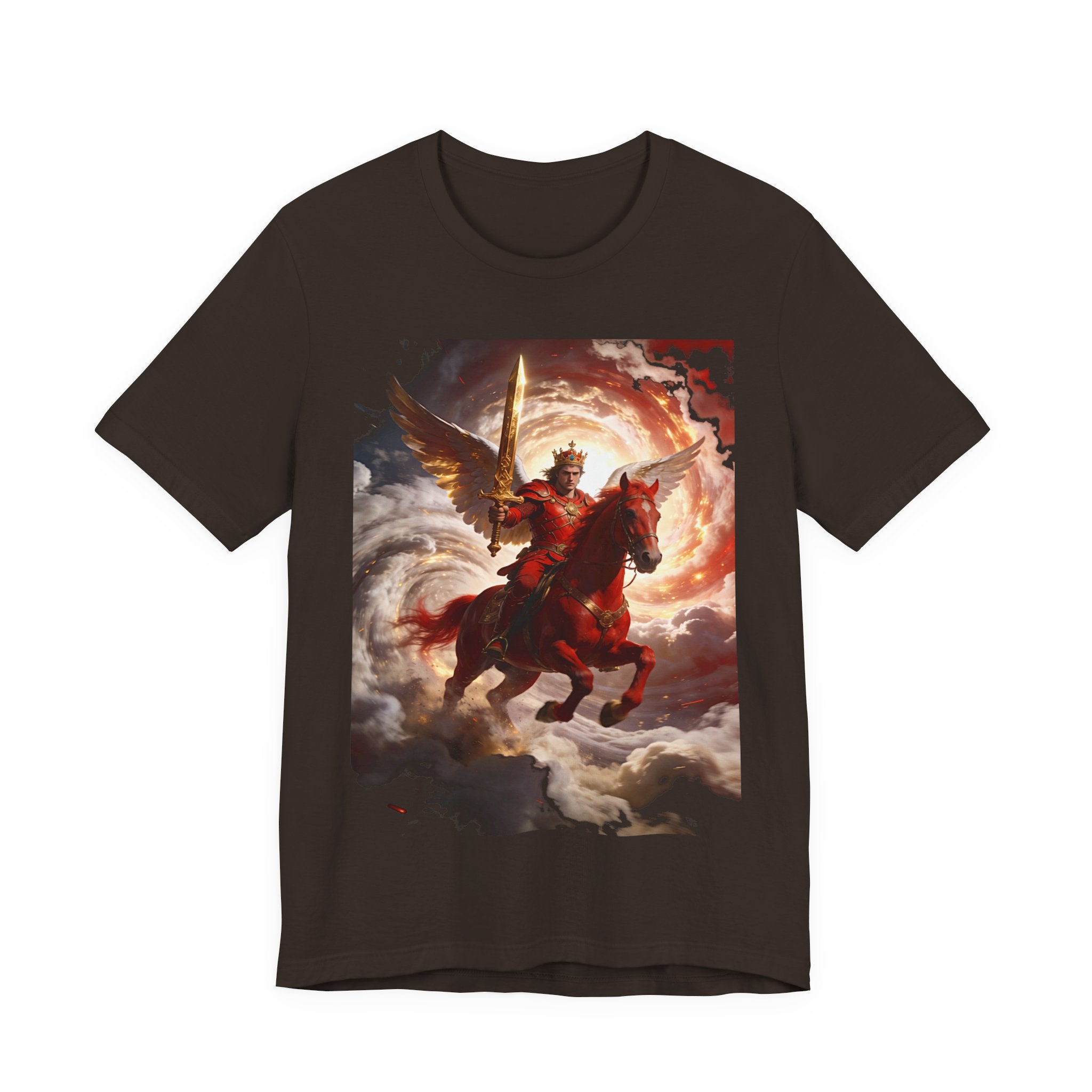 The red horse from Revelation 6:3-4-Winged Knight Riding Red Horse Graphic Tee — Warrior T-Shirt