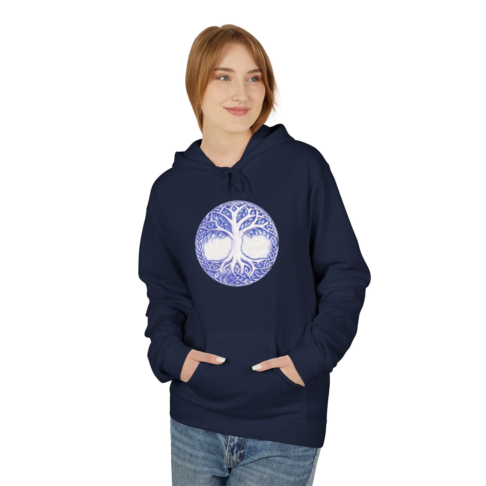 Yggdrasil, the Tree of Life Cotton Hoodie – Blue Mandala Woodland Graphic Pullover