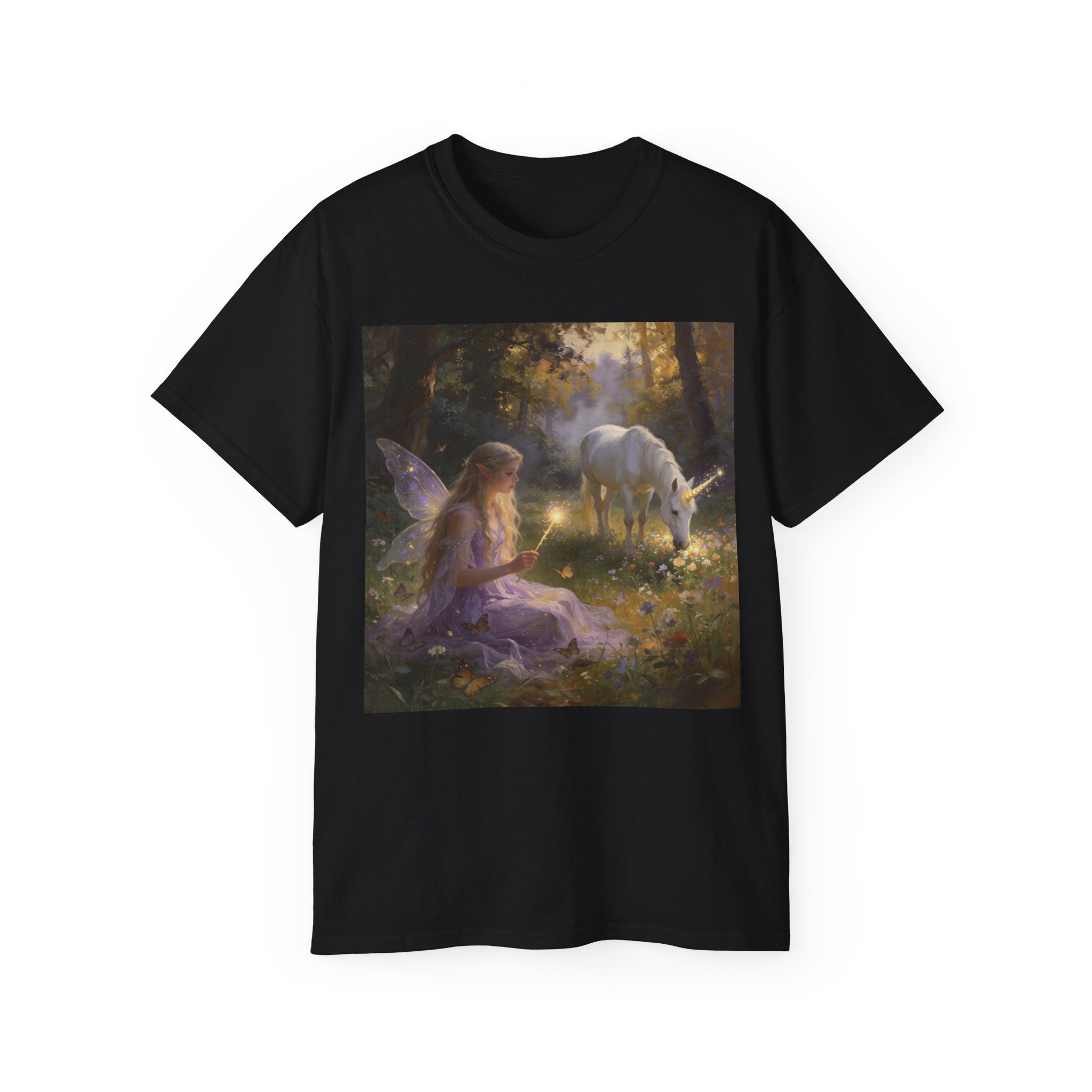 Fairy and Unicorn Cotton Forest Tee — Enchanted Fantasy Graphic T‑Shirt