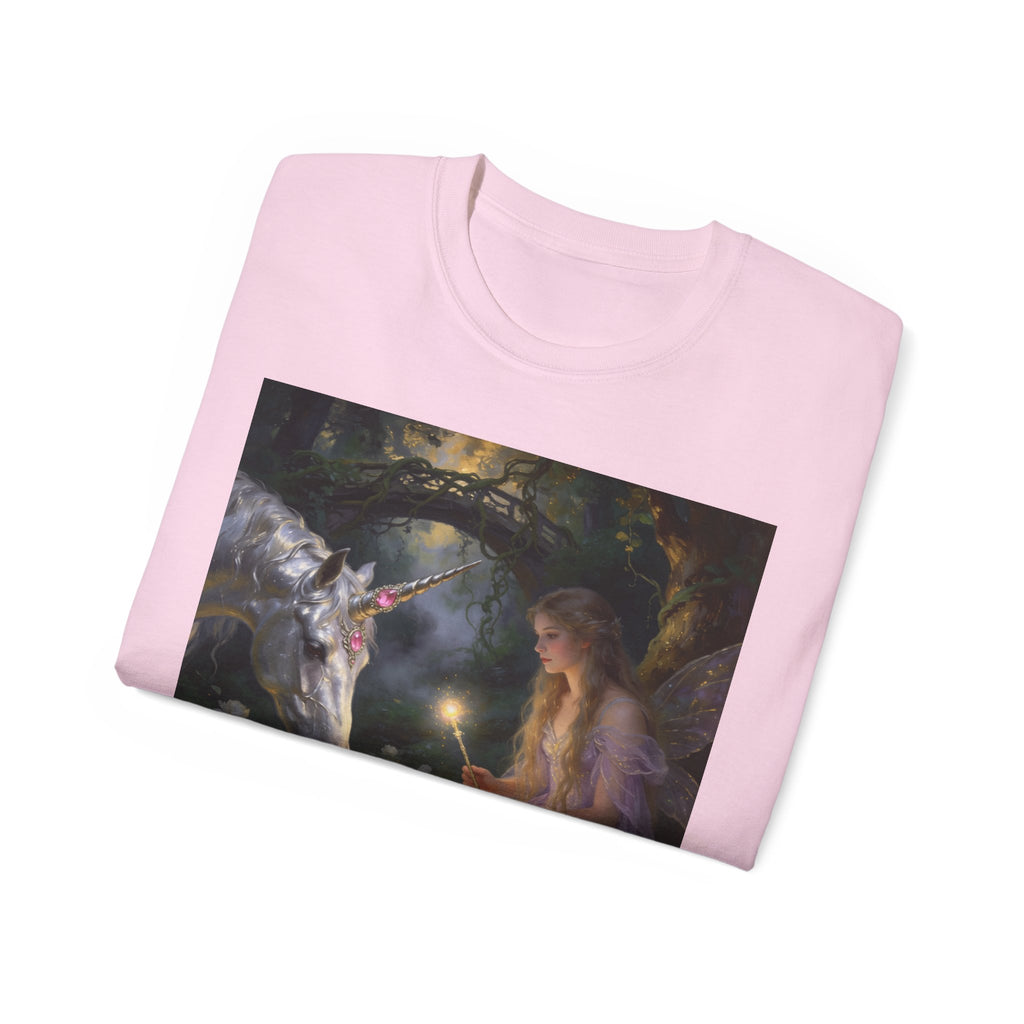 Unicorn Night Fairy Cotton T‑Shirt — Enchanted Girl & Unicorn Art Tee