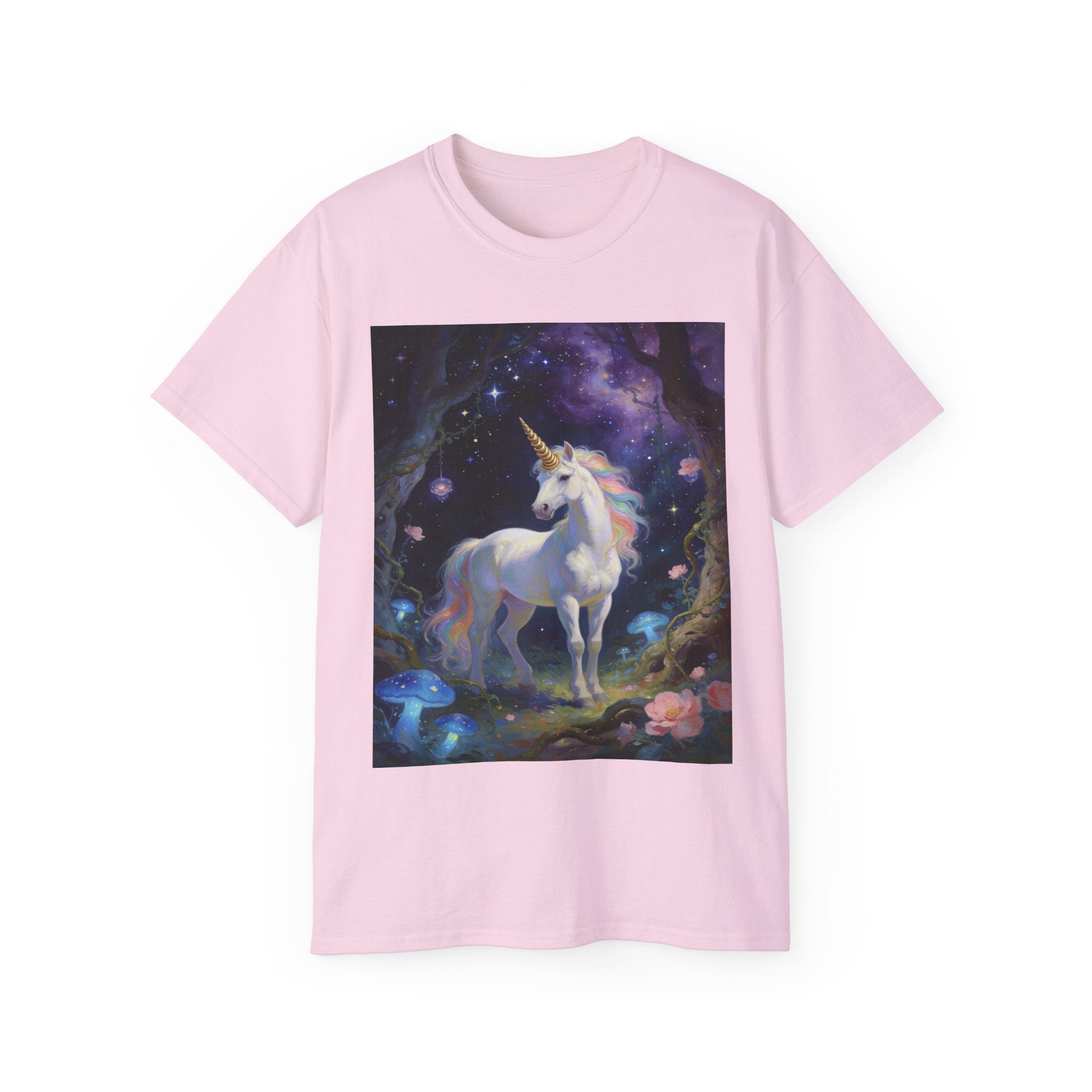 Unicorn Fantasy Cotton T‑Shirt — Enchanted Night Forest Graphic Tee