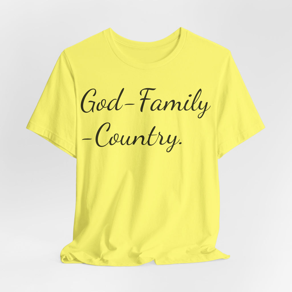 God · Family · Country Script Tee — Patriotic Christian Short Sleeve Shirt