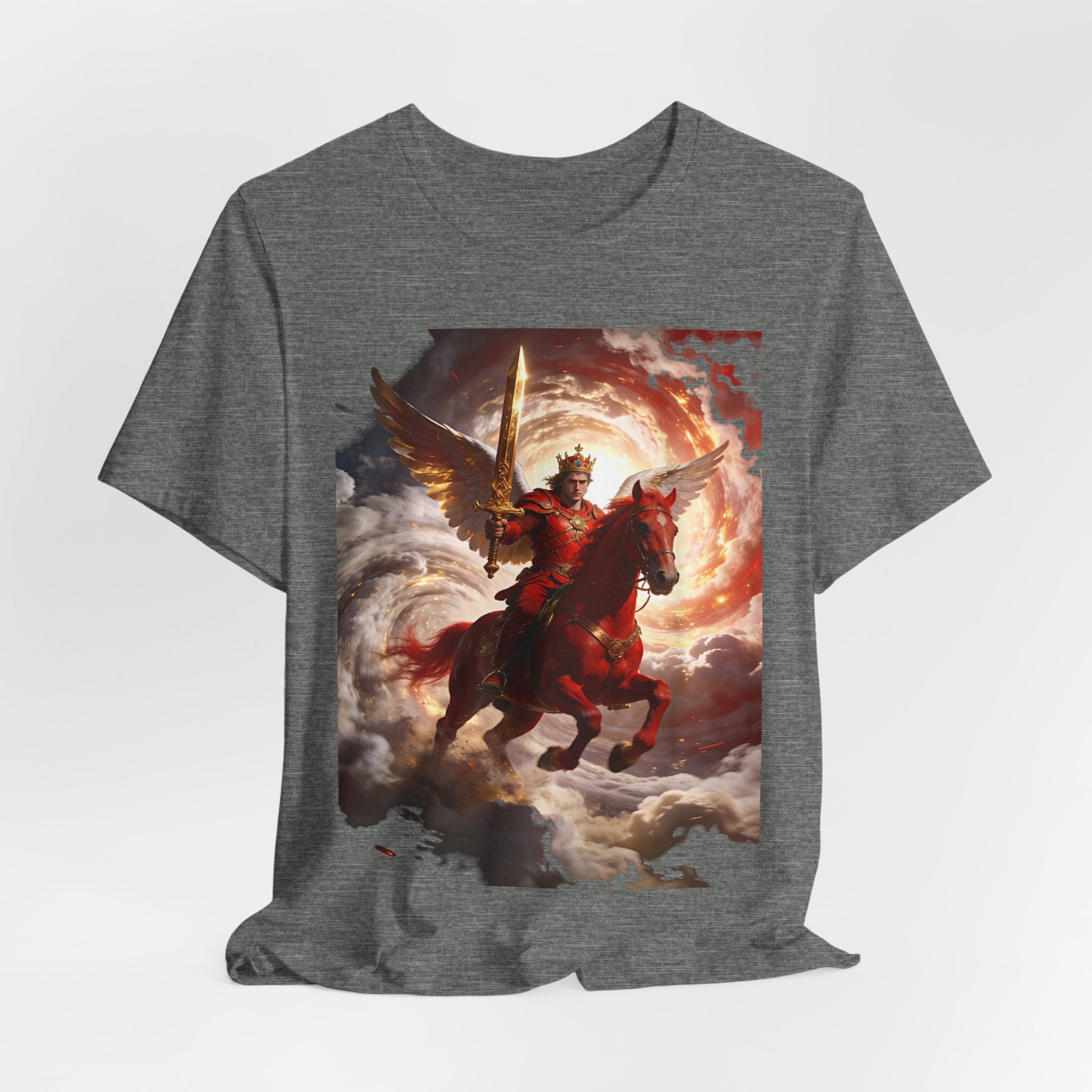 The red horse from Revelation 6:3-4-Winged Knight Riding Red Horse Graphic Tee — Warrior T-Shirt