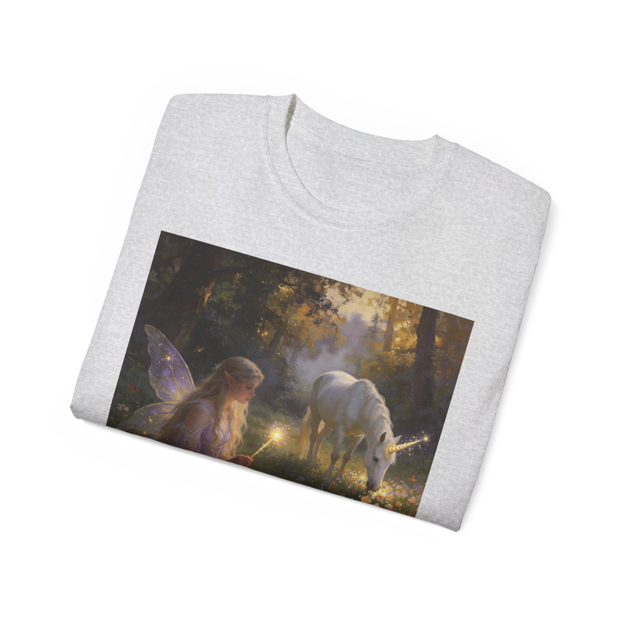 Fairy and Unicorn Cotton Forest Tee — Enchanted Fantasy Graphic T‑Shirt