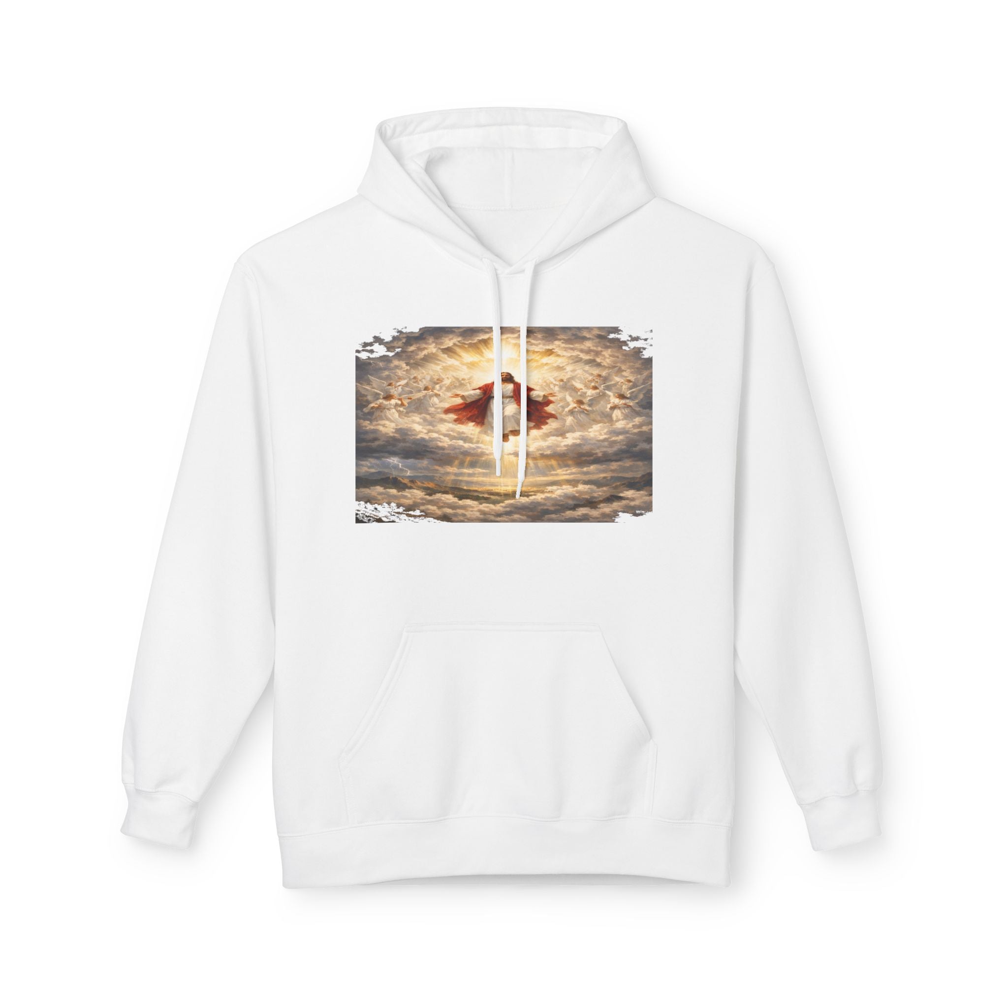 Jesus Christ Second Coming-Angel in the Clouds Hoodie — Spiritual Sunrise Graphic Hoodie