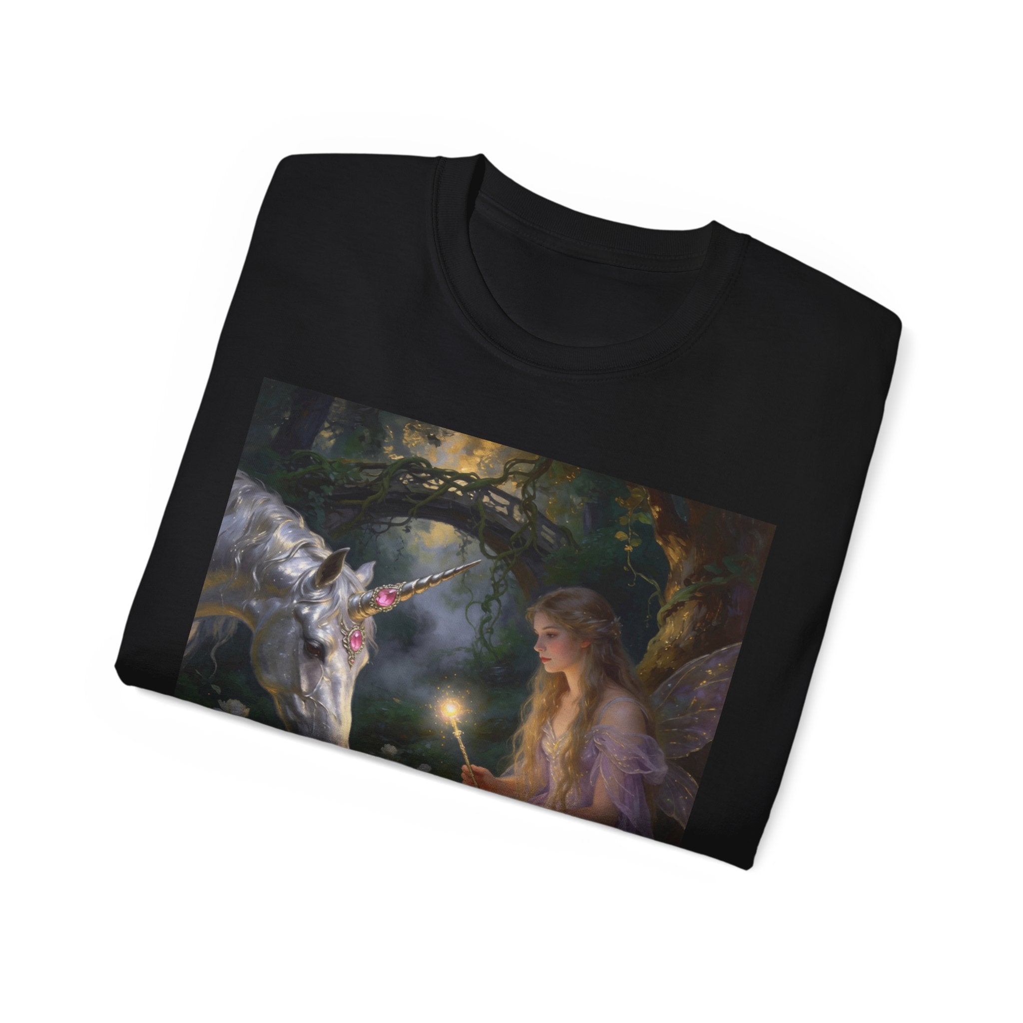 Unicorn Night Fairy Cotton T‑Shirt — Enchanted Girl & Unicorn Art Tee