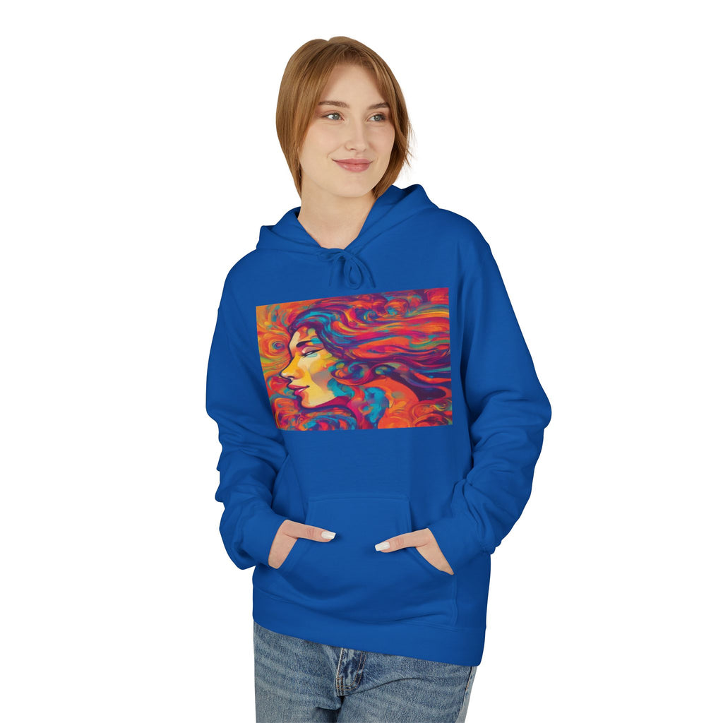 Colorful 1970s Psychedelic Woman Portrait Hoodie — Vibrant Retro Art Pullover