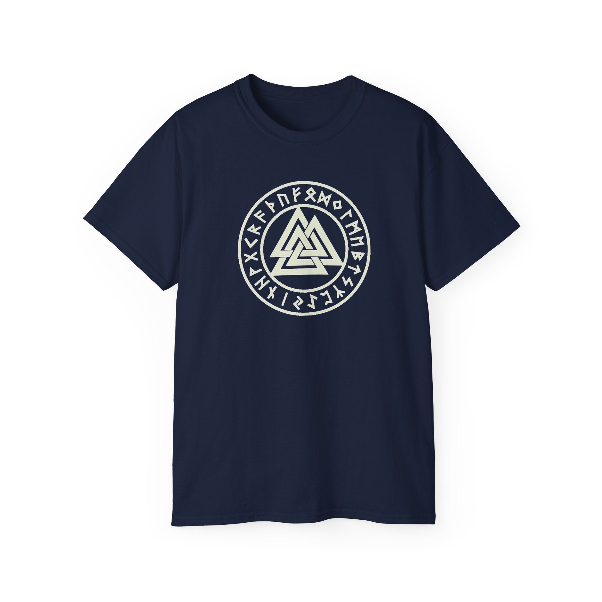 Valknut Rune Circle Tee — Norse Mythology Viking Symbol Cotton T-Shirt