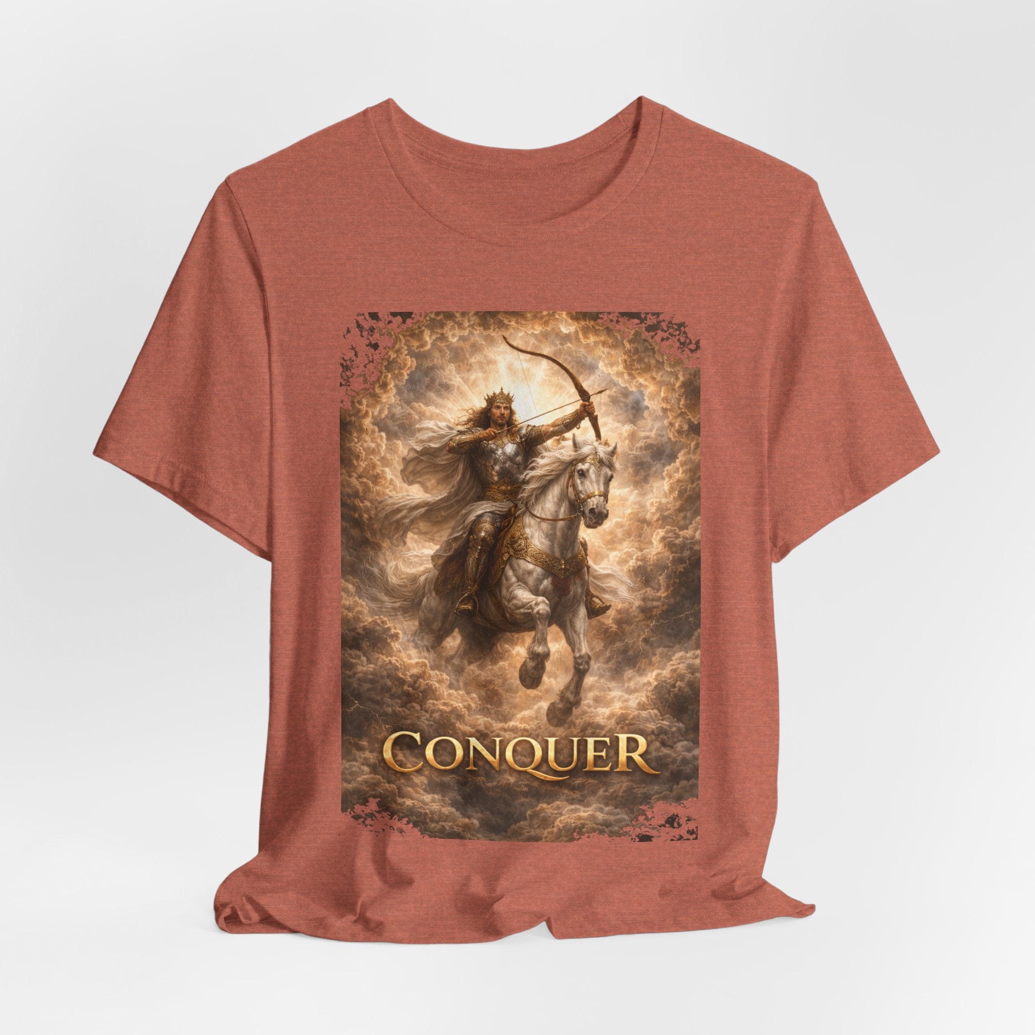 The white horse from Revelation 6:1-2! T‑Shirt — "Conquer" Warrior Archer Graphic Tee