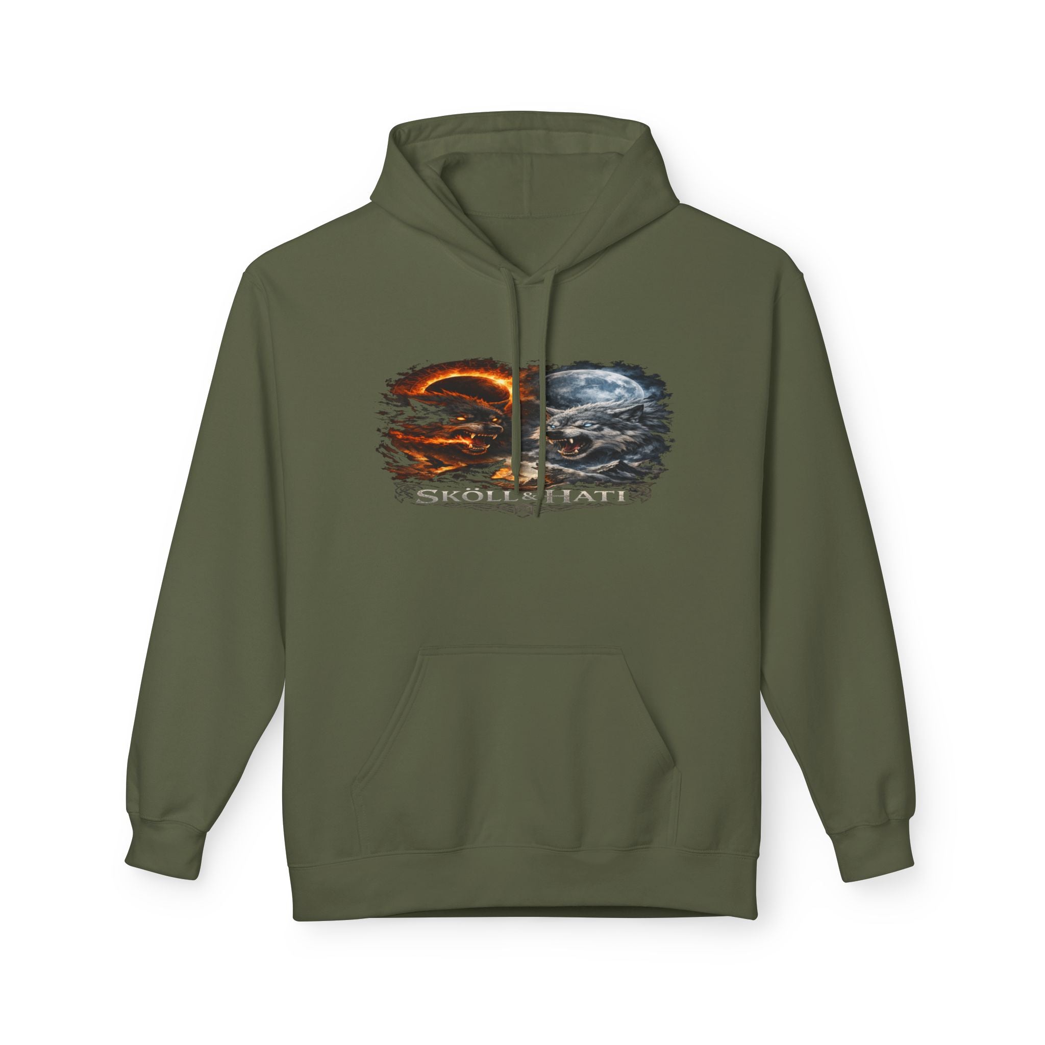 Skoll & Hati Norse Mythology Hoodie — Fire and Ice Wolves Graphic