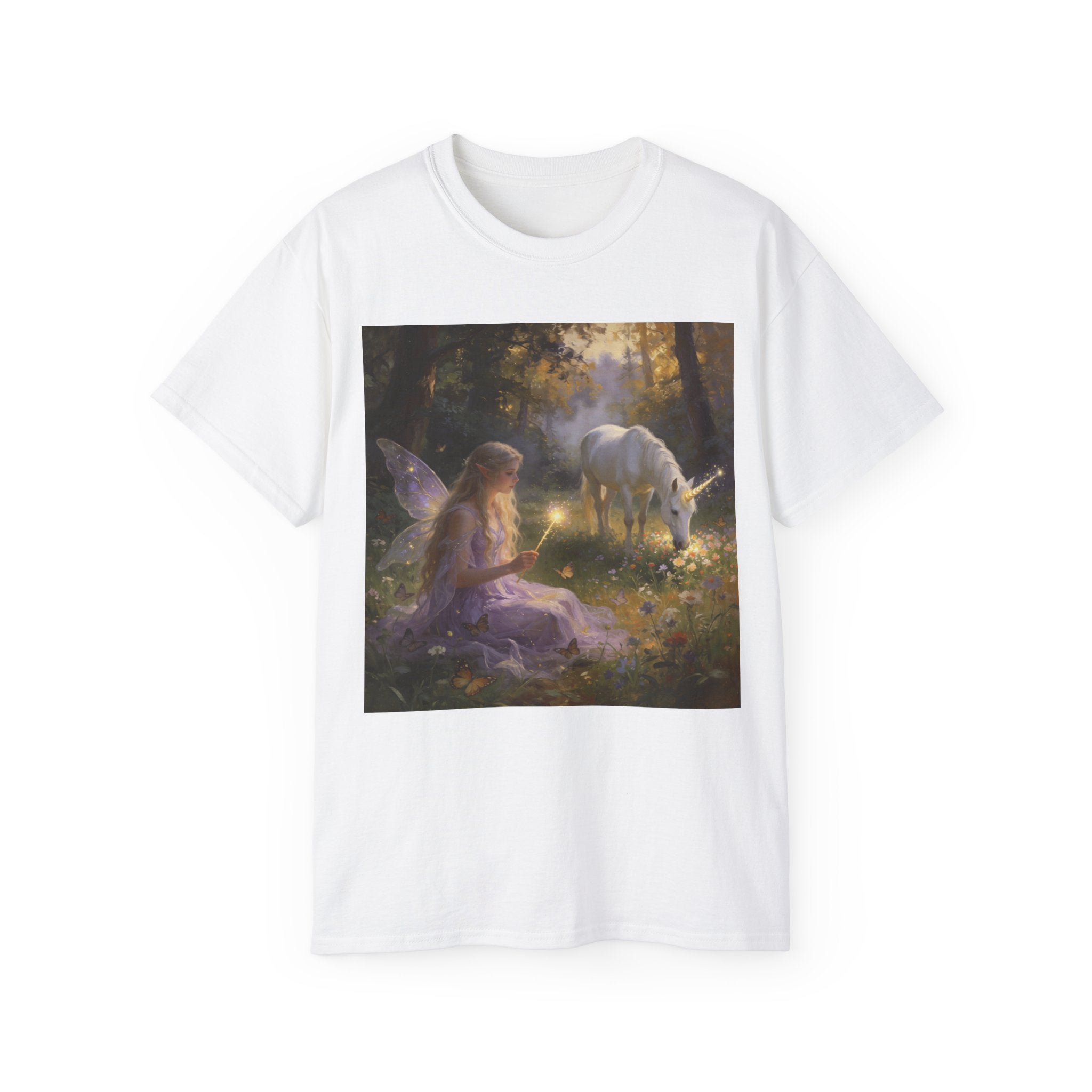 Fairy and Unicorn Cotton Forest Tee — Enchanted Fantasy Graphic T‑Shirt