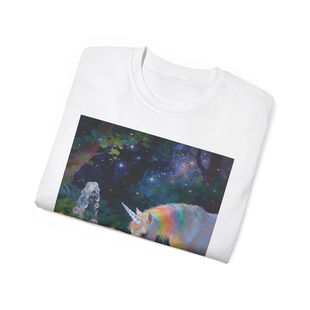 Unicorn Night Garden Tee — Rainbow Unicorn at Moonlit Fountain T-Shirt