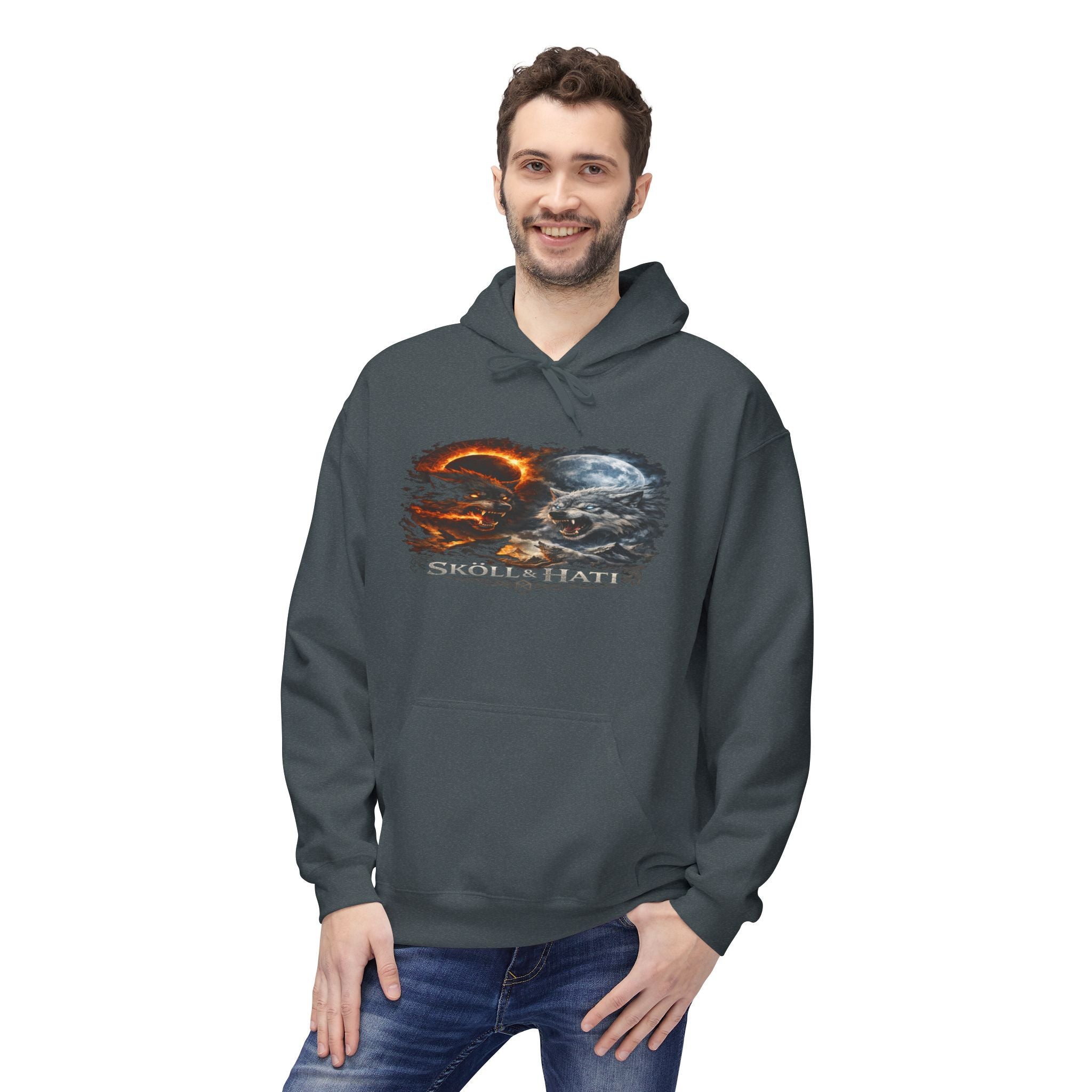 Skoll & Hati Norse Mythology Hoodie — Fire and Ice Wolves Graphic