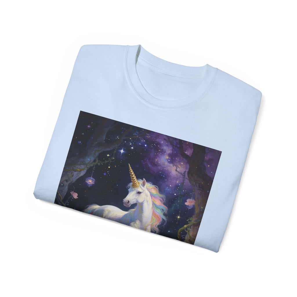 Unicorn Fantasy Cotton T‑Shirt — Enchanted Night Forest Graphic Tee