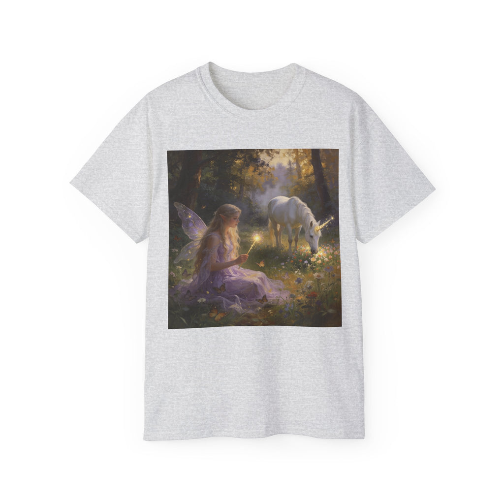 Fairy and Unicorn Cotton Forest Tee — Enchanted Fantasy Graphic T‑Shirt