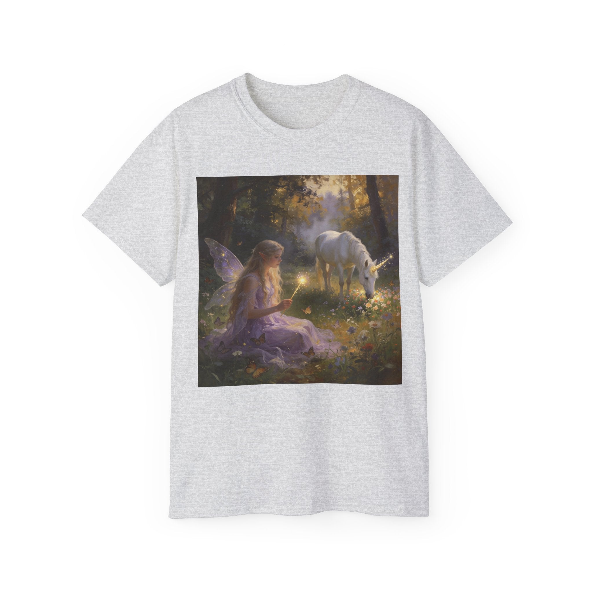 Fairy and Unicorn Cotton Forest Tee — Enchanted Fantasy Graphic T‑Shirt