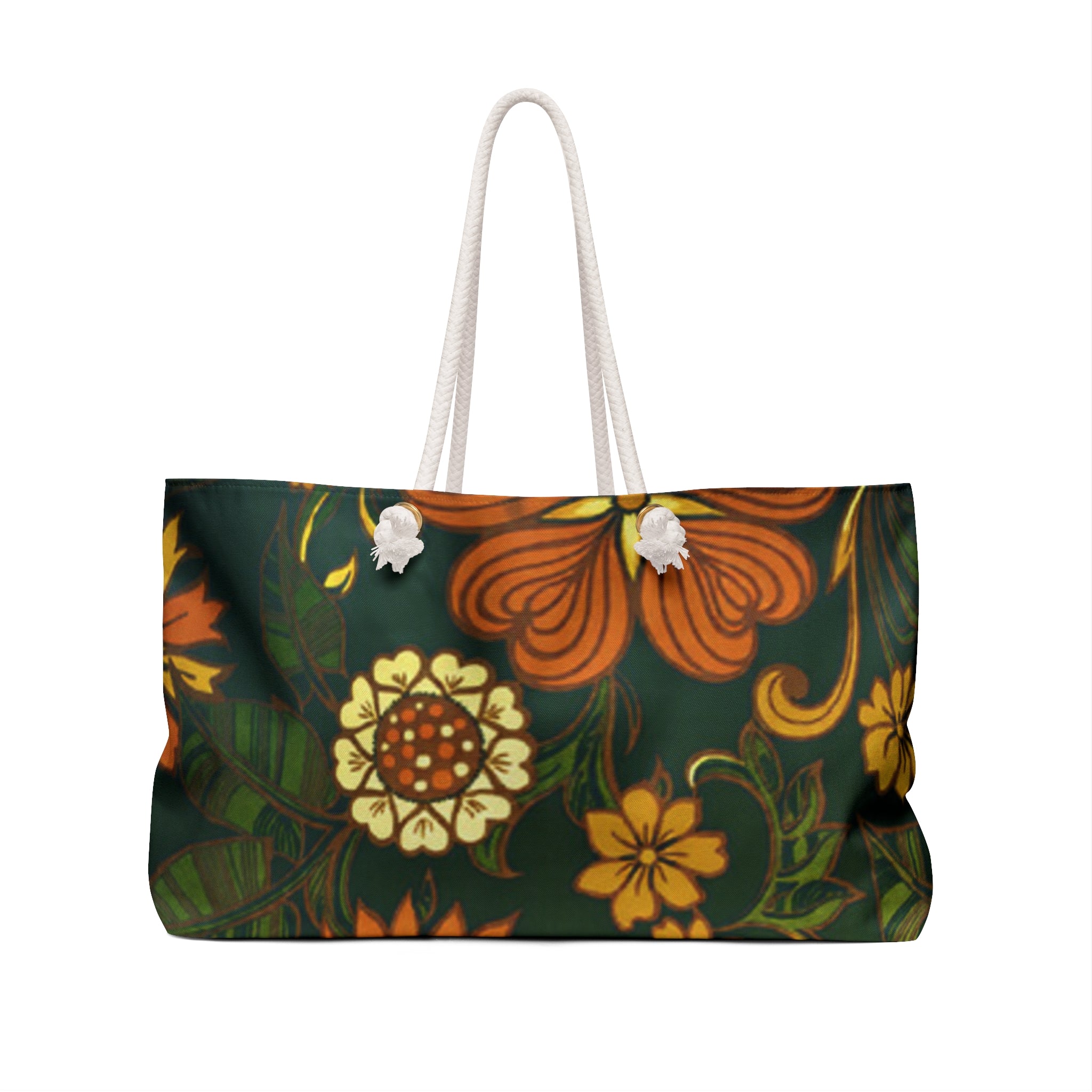Floral Retro Weekender Bag — Vintage Orange & Green Flower Travel Tote