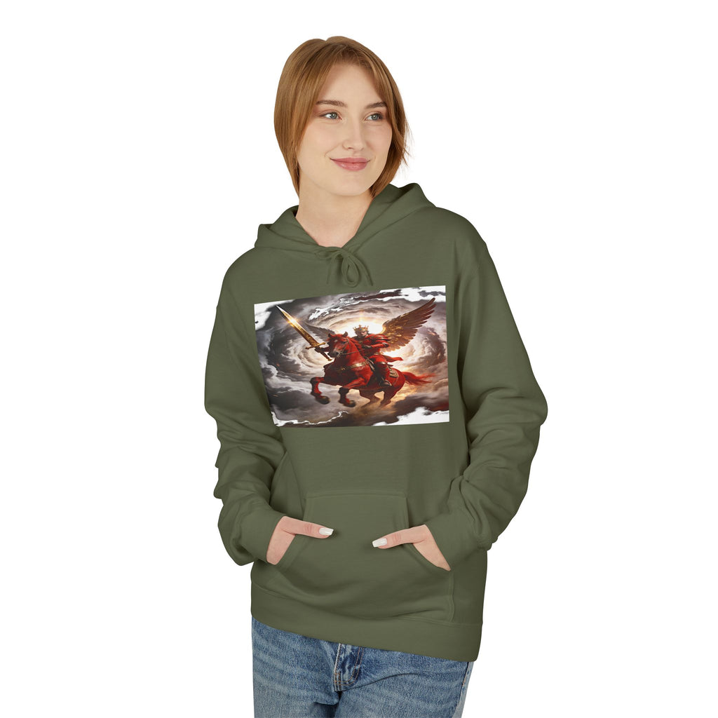 The red horse from Revelation 6:3-4 Angel Warrior Hoodie — Dramatic Archangel Battle Graphic Pullover