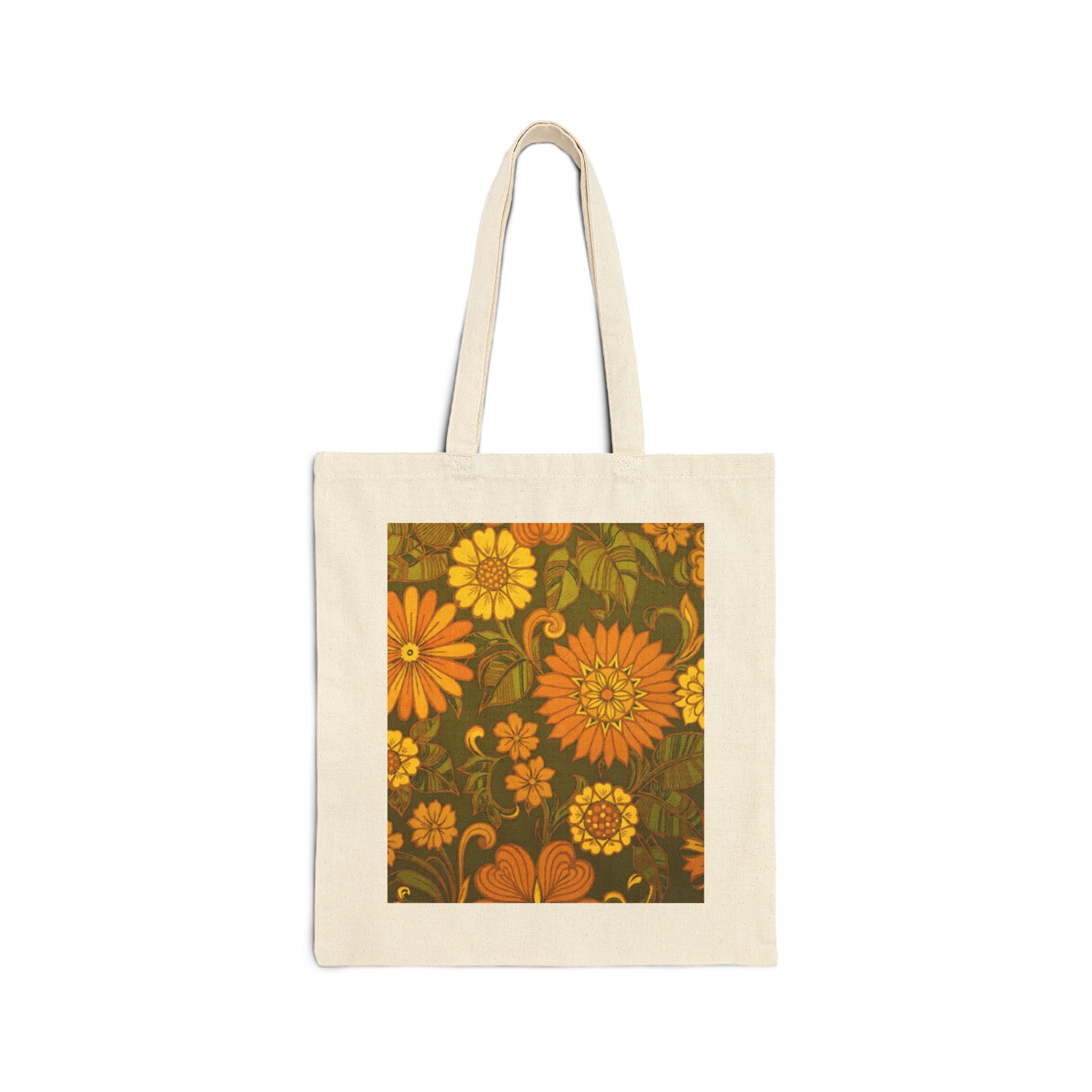 Vintage Orange Floral Tote Bag — Retro 70s Flower Canvas Tote