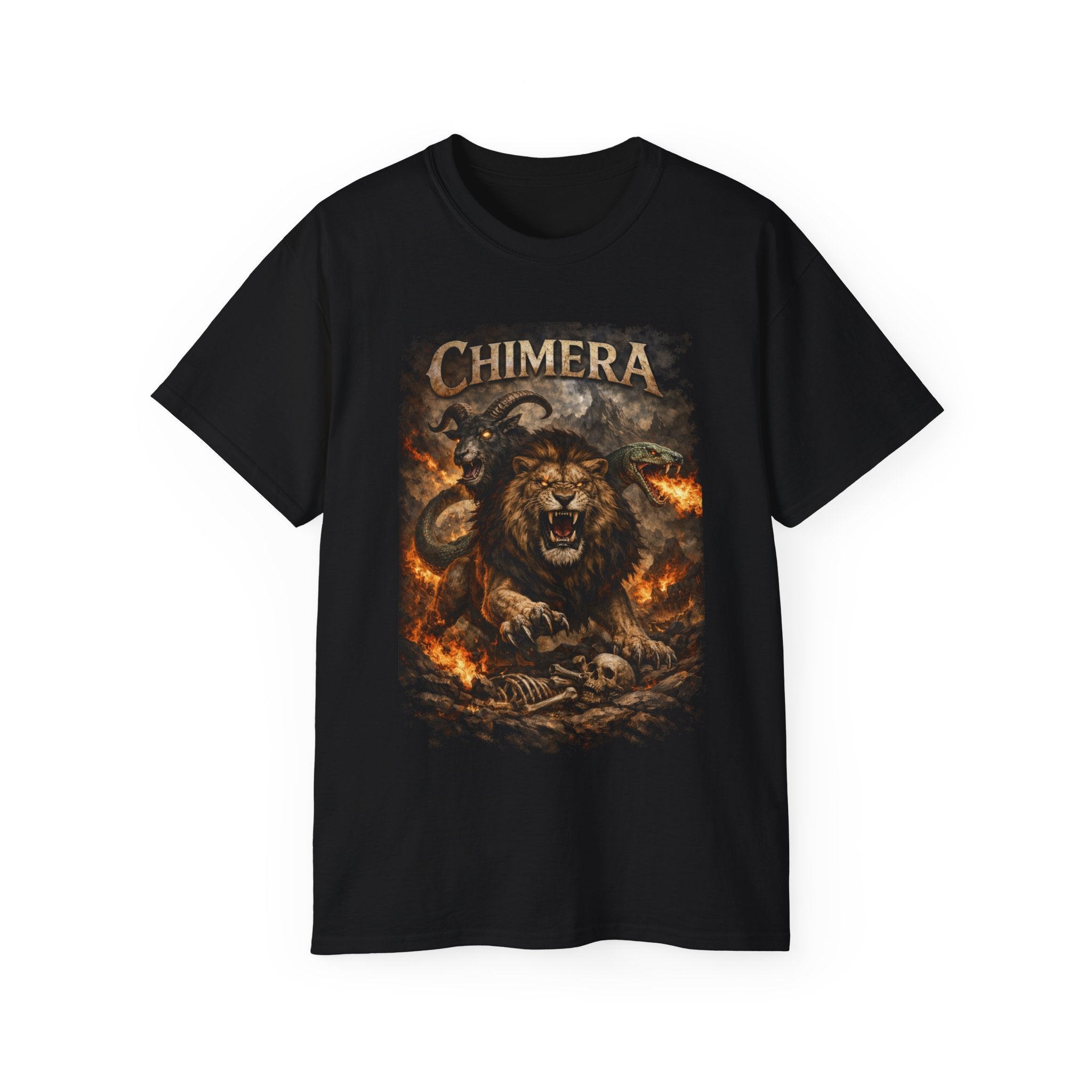 Chimera Mythical Beast - A Creature Born of Conflict Cotton Tee — Fierce Lion-Dragon Wolf Design