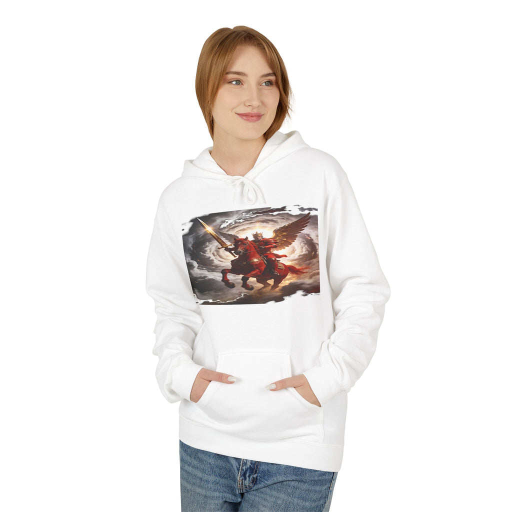 The red horse from Revelation 6:3-4 Angel Warrior Hoodie — Dramatic Archangel Battle Graphic Pullover
