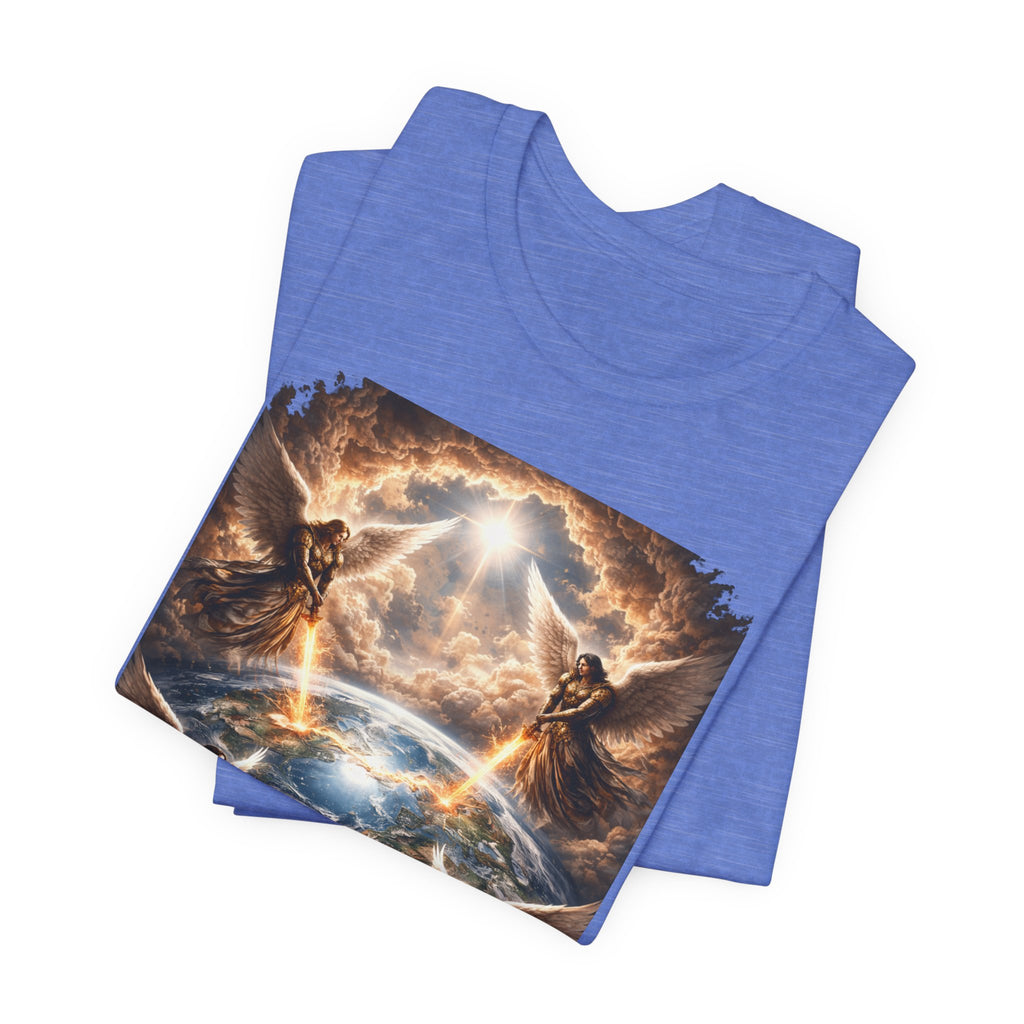 Revelation 7:1 Four angels standing on the four corners of the earth as seen from heaven-when the secound comingis near T‑Shirt — Heavenly Earth & Angels Graphic Tee