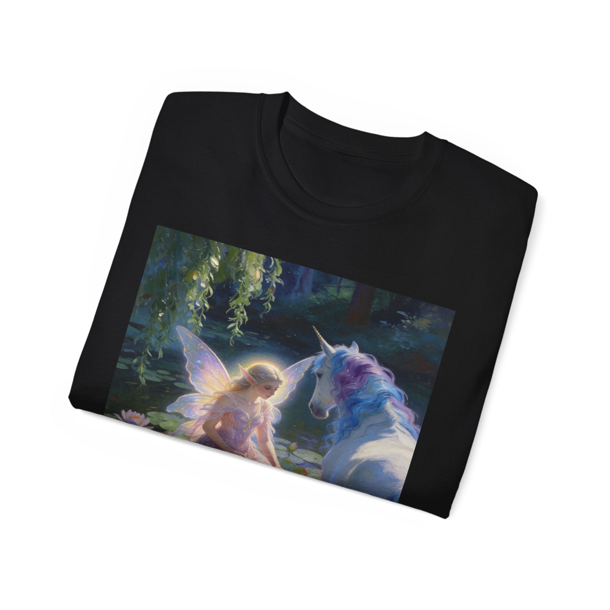 Fairy and Unicorn Cotton Tee — Enchanted Forest Fantasy T-Shirt