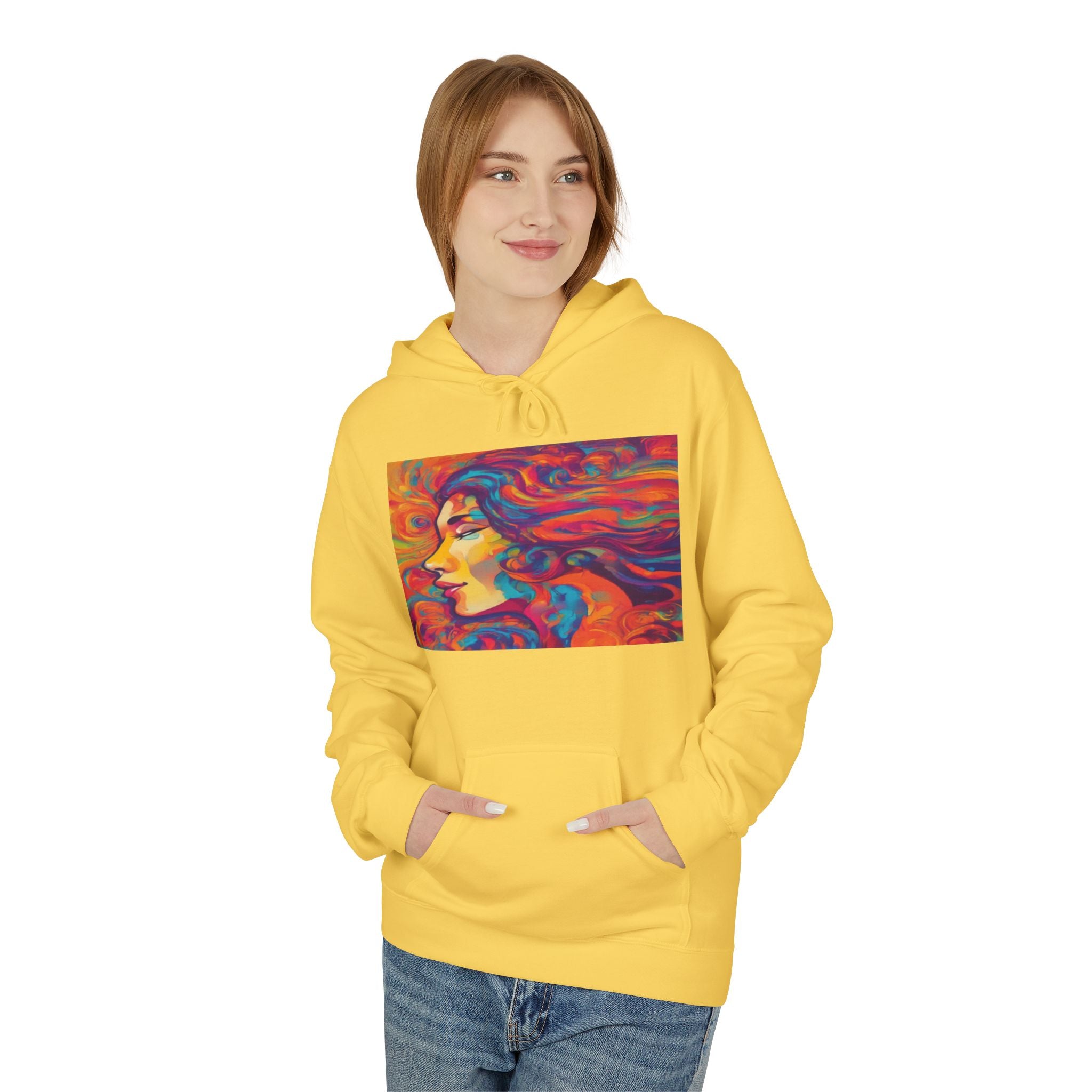 Colorful 1970s Psychedelic Woman Portrait Hoodie — Vibrant Retro Art Pullover