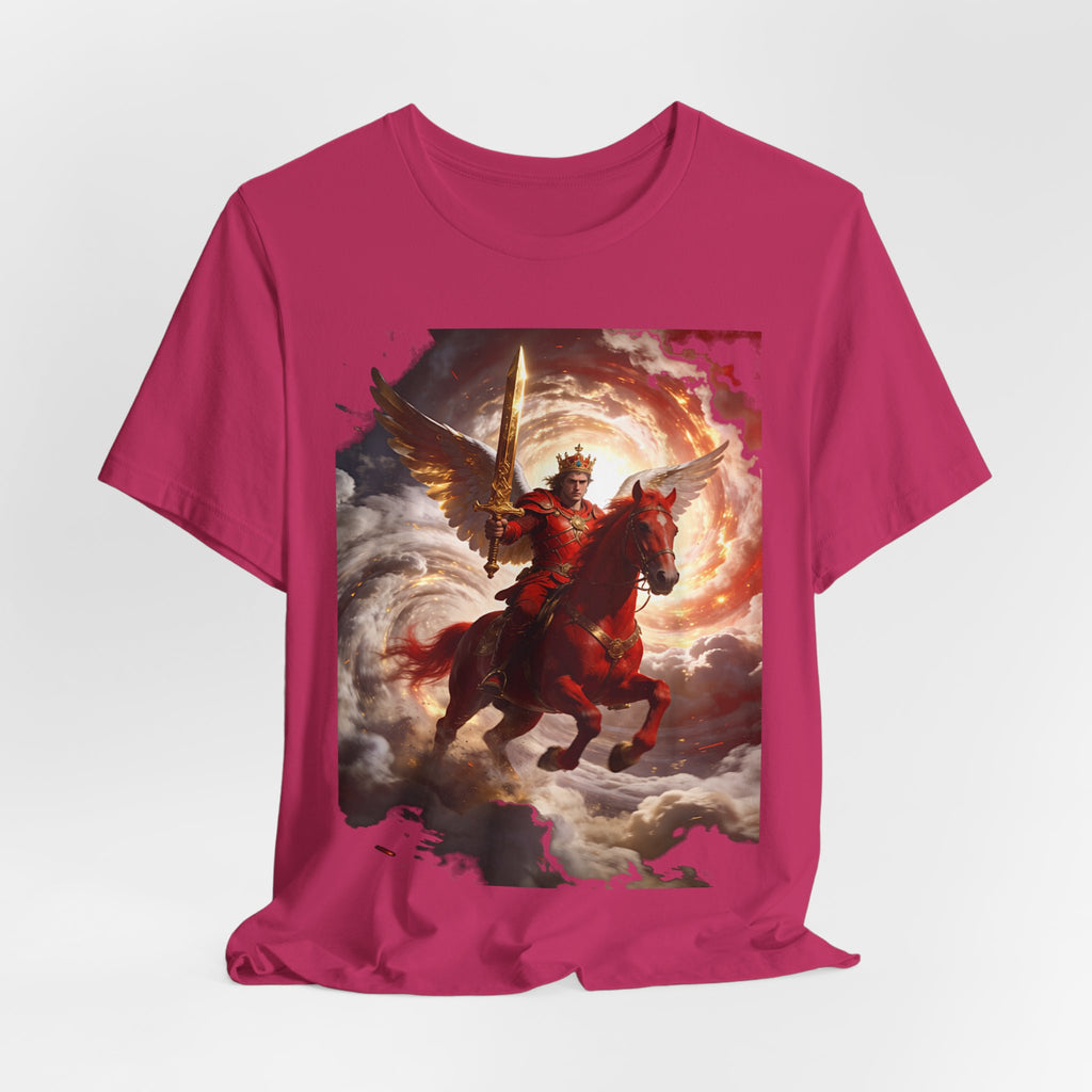 The red horse from Revelation 6:3-4-Winged Knight Riding Red Horse Graphic Tee — Warrior T-Shirt