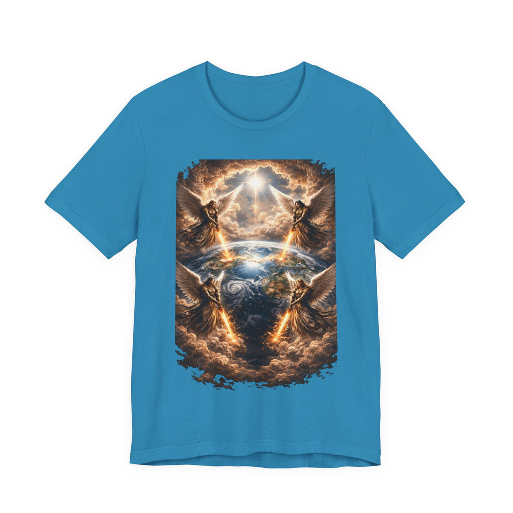 Revelation 7:1 Four angels standing on the four corners of the earth as seen from heaven-when the secound comingis near T‑Shirt — Heavenly Earth & Angels Graphic Tee