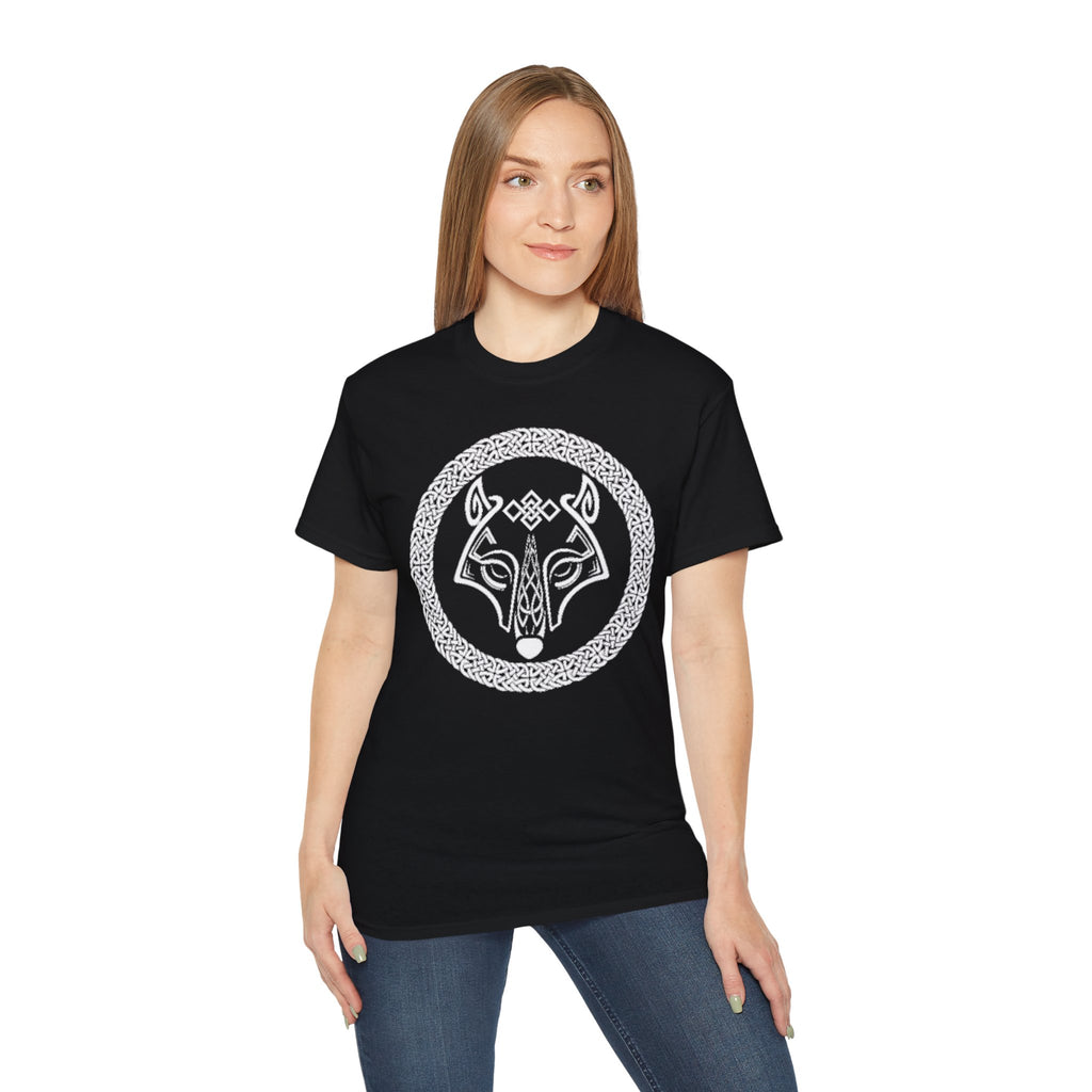 Cotton Celtic Wolf T-Shirt — Norse Knotwork Wolf Head Tee