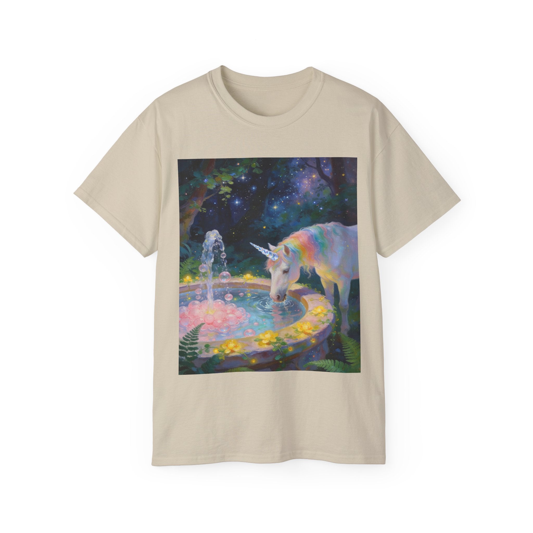 Unicorn Night Garden Tee — Rainbow Unicorn at Moonlit Fountain T-Shirt