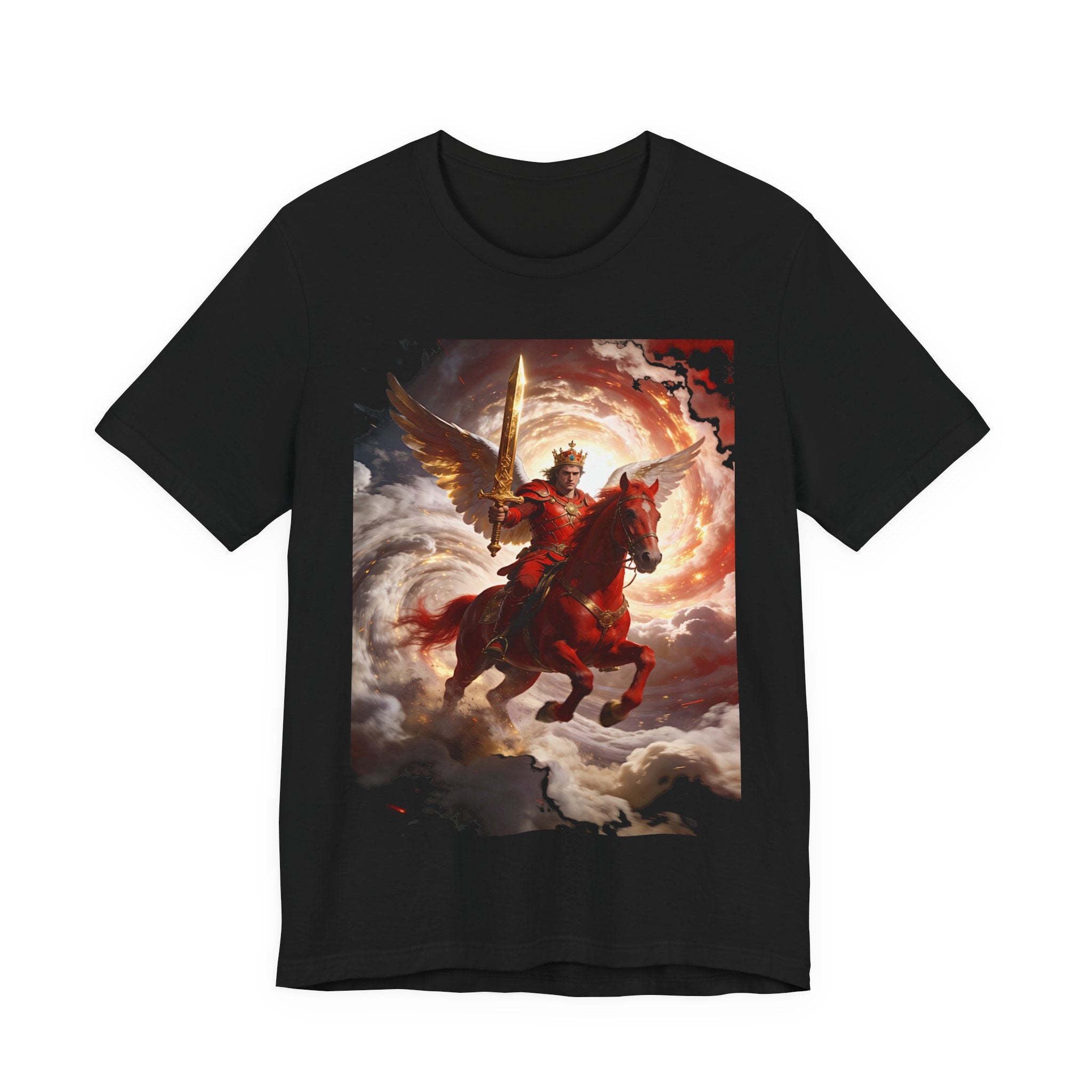 The red horse from Revelation 6:3-4-Winged Knight Riding Red Horse Graphic Tee — Warrior T-Shirt