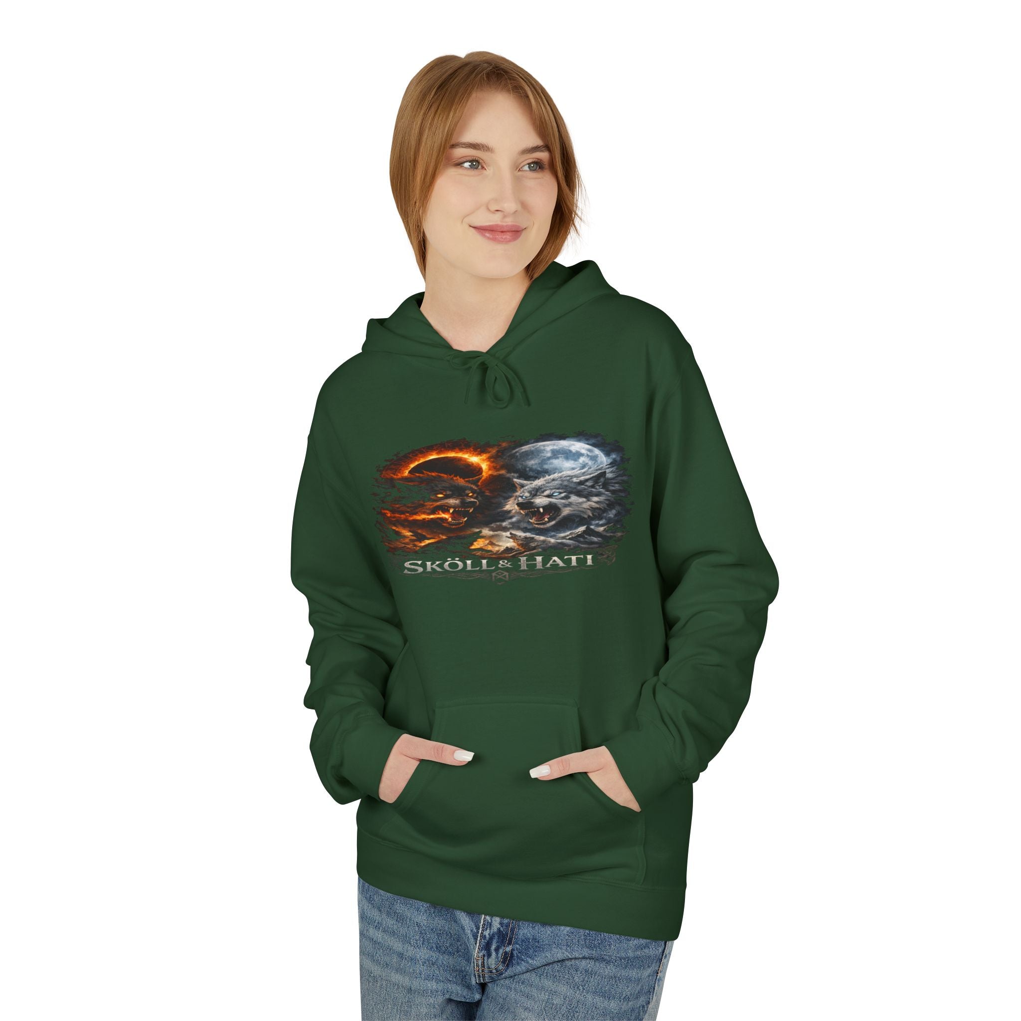 Skoll & Hati Norse Mythology Hoodie — Fire and Ice Wolves Graphic