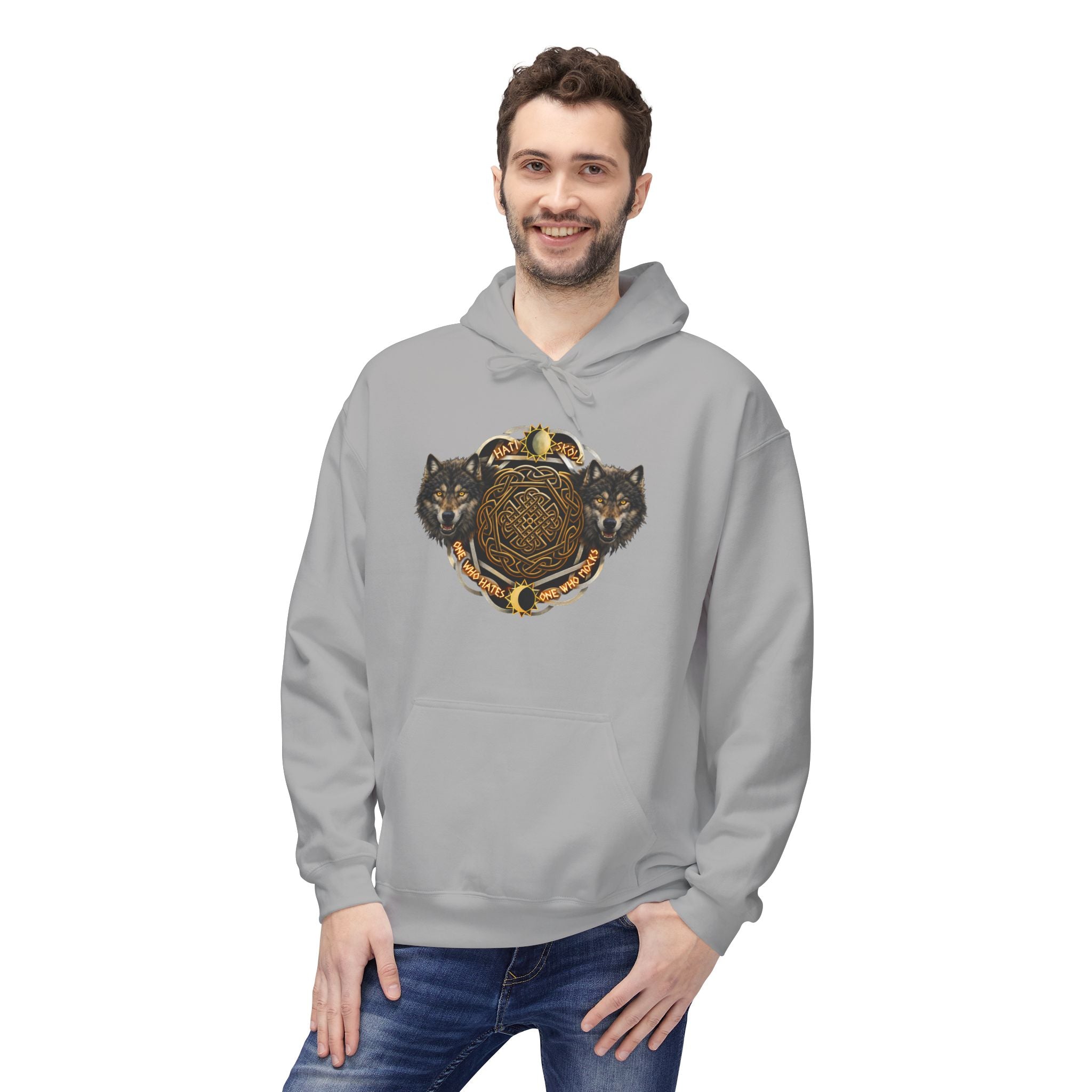 Skoll and Hati – The Wolves of the Sun and Moon-Hoodie — Rustic Wildlife Graphic Hooded Sweatshirt