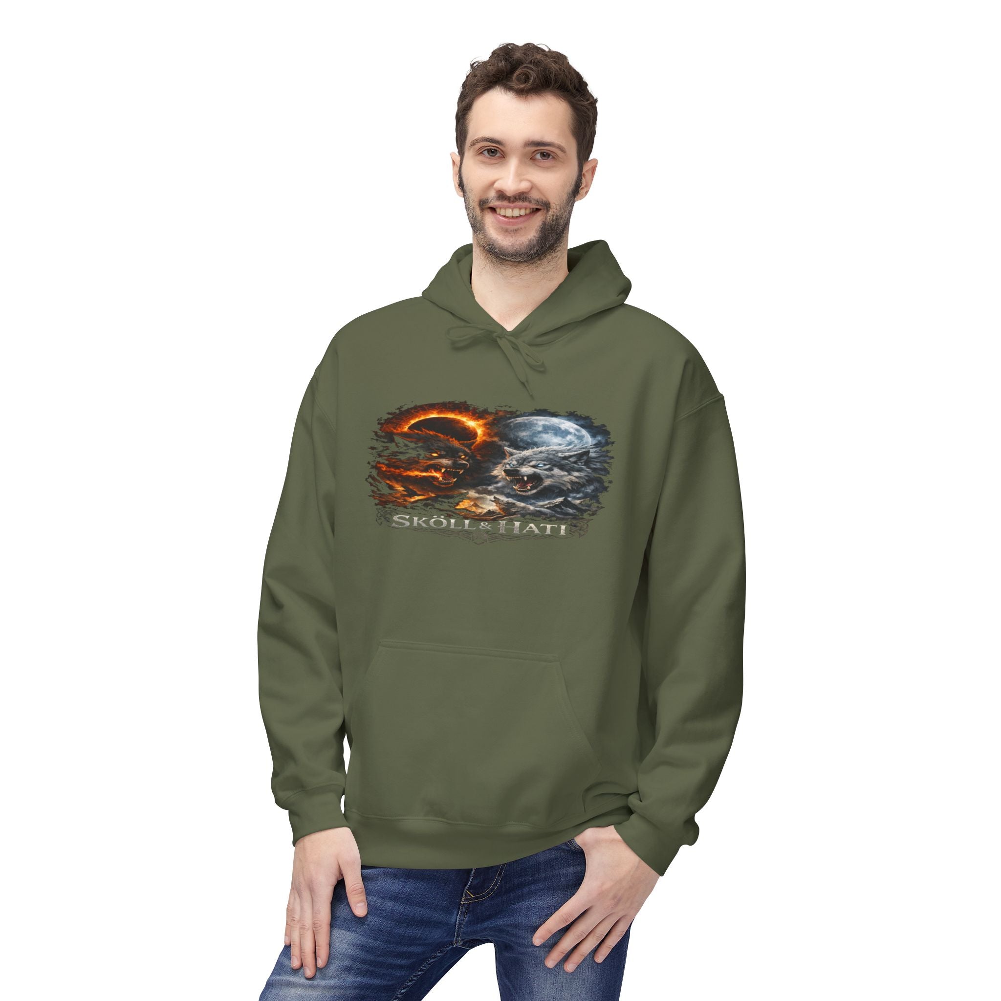 Skoll & Hati Norse Mythology Hoodie — Fire and Ice Wolves Graphic
