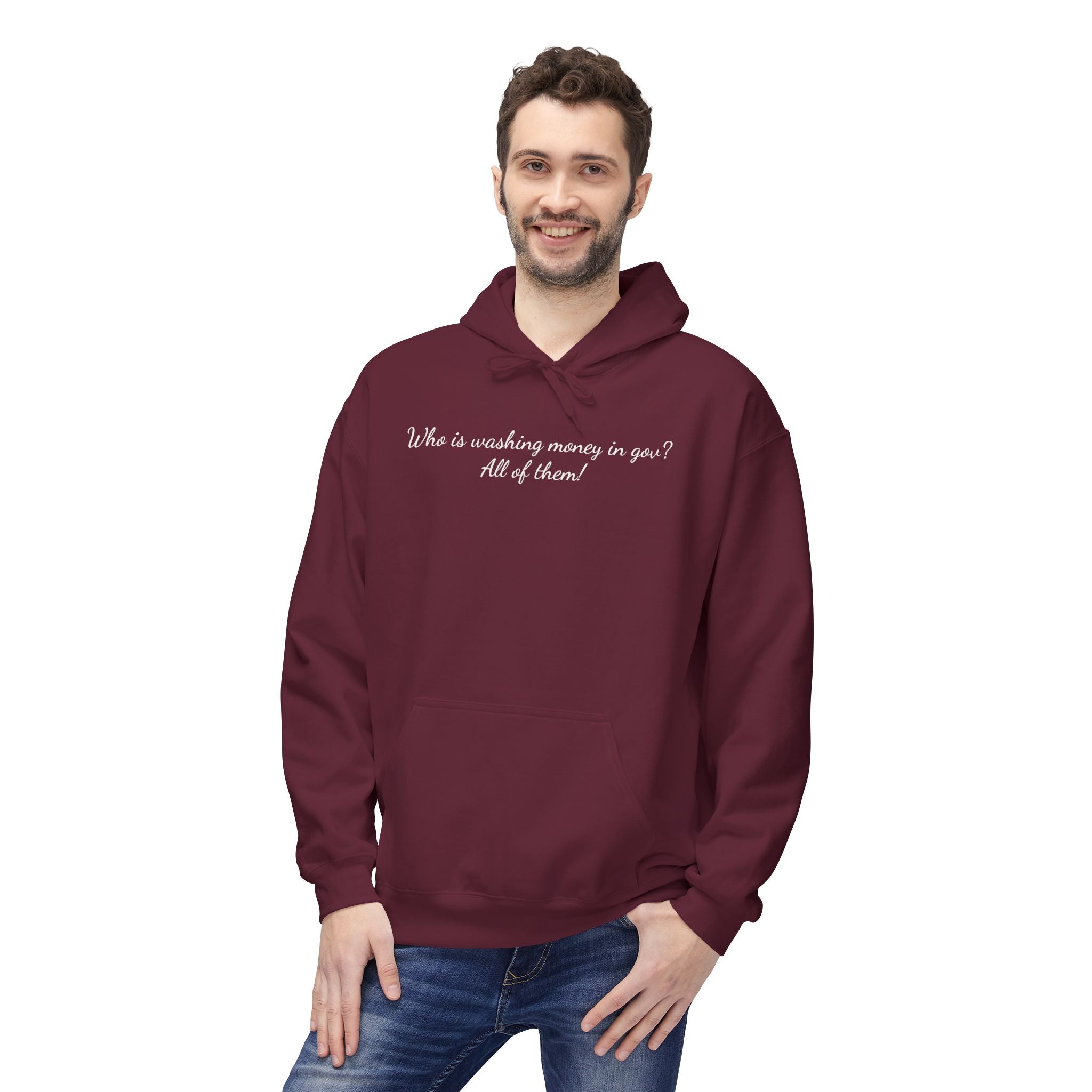"Who is washing money in gov? All of them!" Minimal Script Chest Hoodie