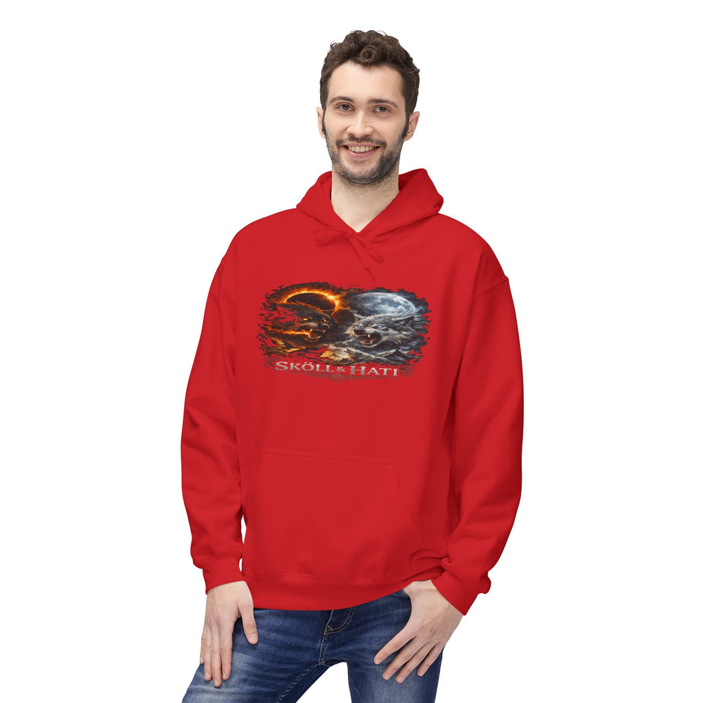 Skoll & Hati Norse Mythology Hoodie — Fire and Ice Wolves Graphic